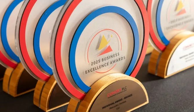 2025 Cohort Business Excellence Awards trophies featuring coloured rings and gold bases