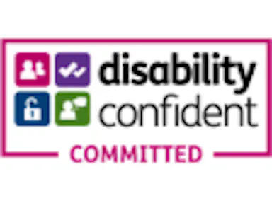 Disability Confident Committed employer badge. A rectangular badge with a pink border featuring four coloured icons representing people and accessibility themes — purple (people/team), blue (tick/achievement), dark blue (unlocked padlock), and green (person with speech bubble). The word "COMMITTED" appears in bold pink text at the bottom.