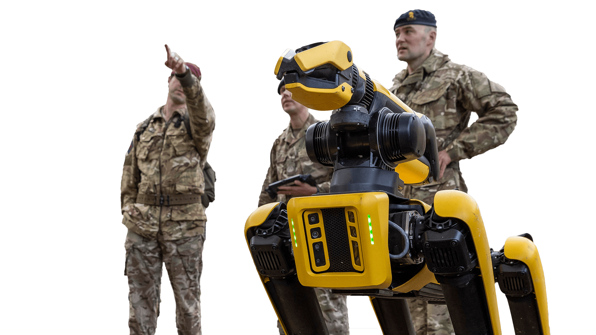 Three military men with a SPOT robot dog.