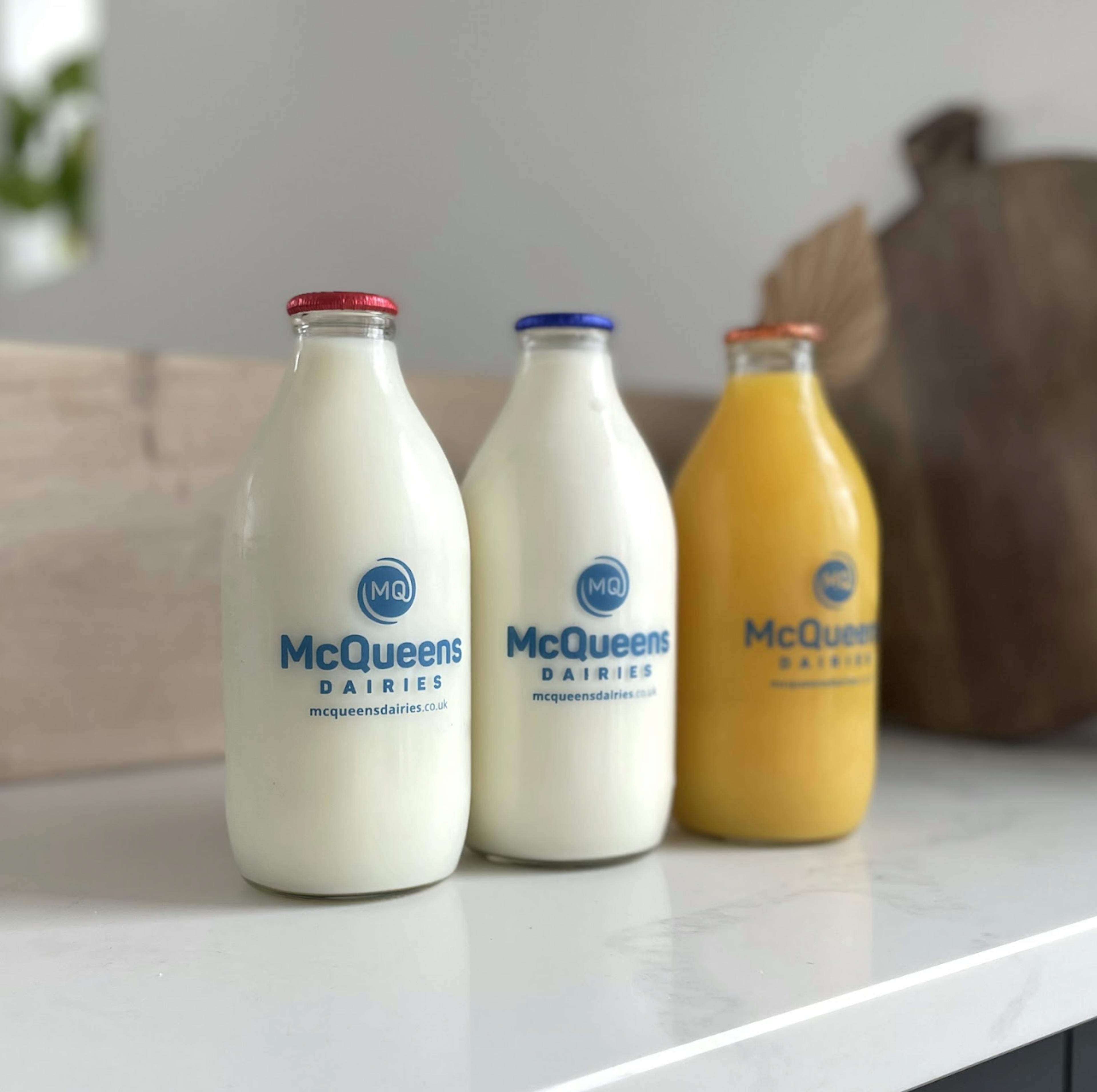 McQueens Milk, Juice in glass bottles