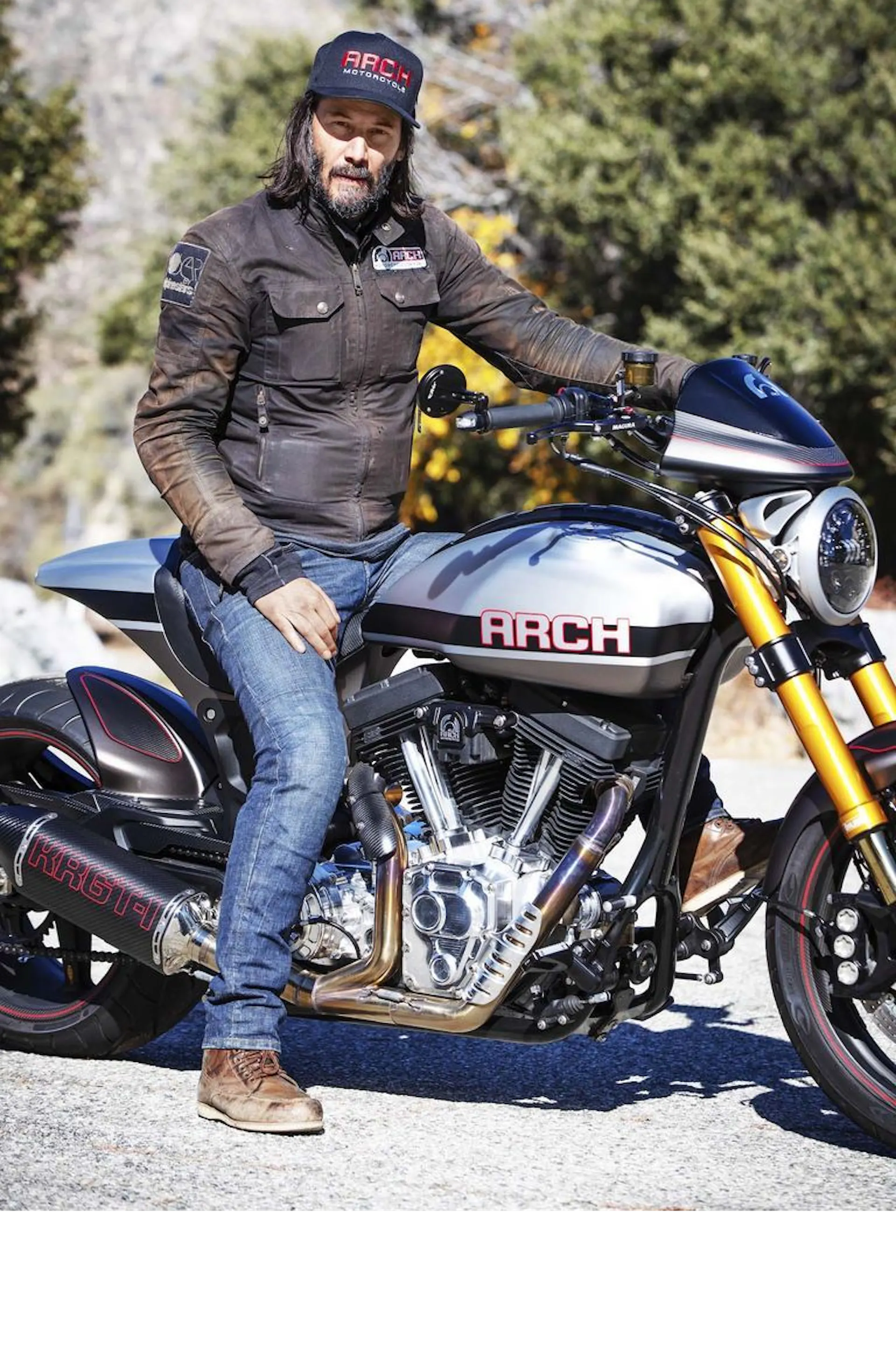 Keanu Reeves sitting on a Arch motorcycle
