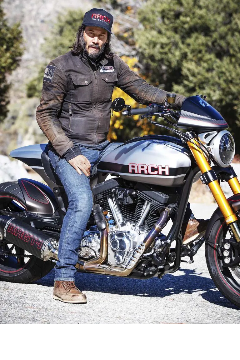 Keanu Reeves sitting on a Arch motorcycle