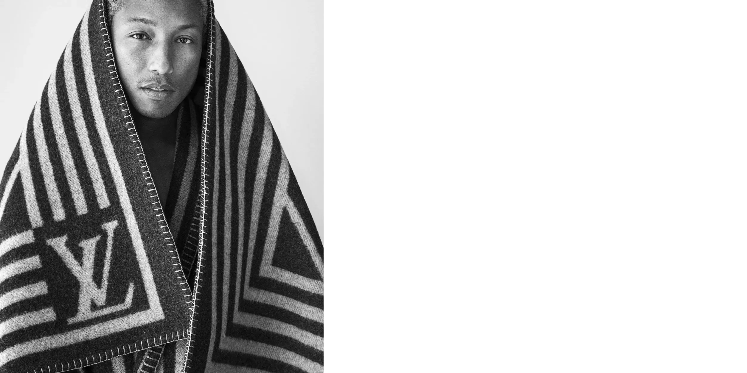 Pharrell Williams portrait wrapped in LV monogrammed blanket