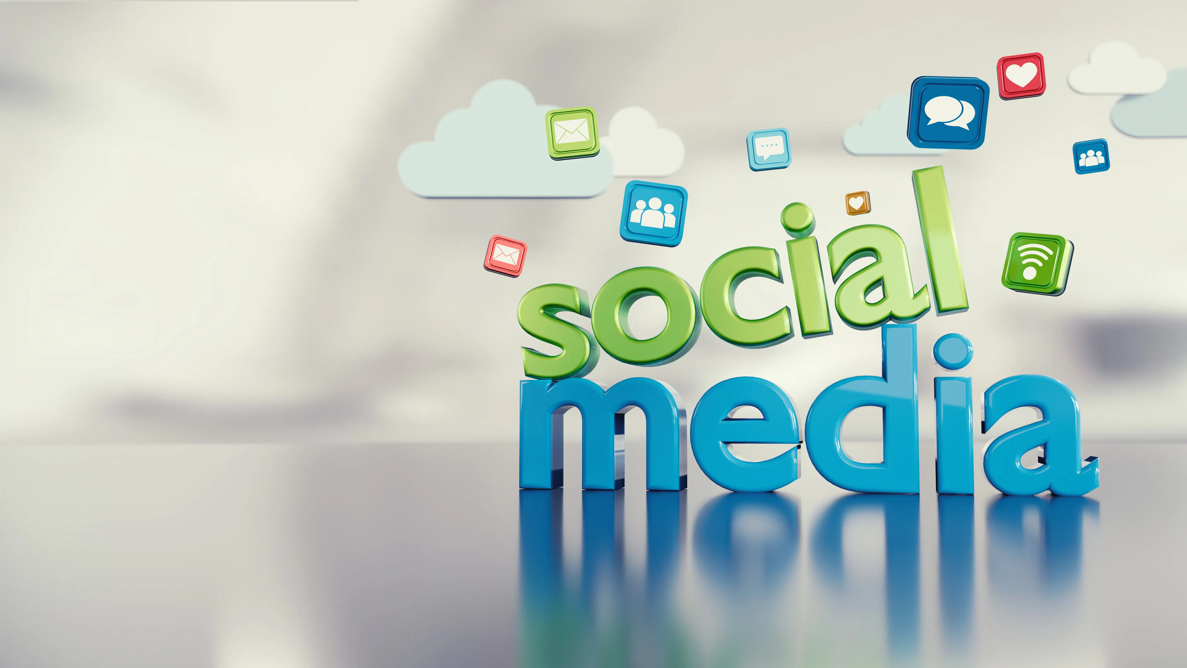 social media words with icons and clouds