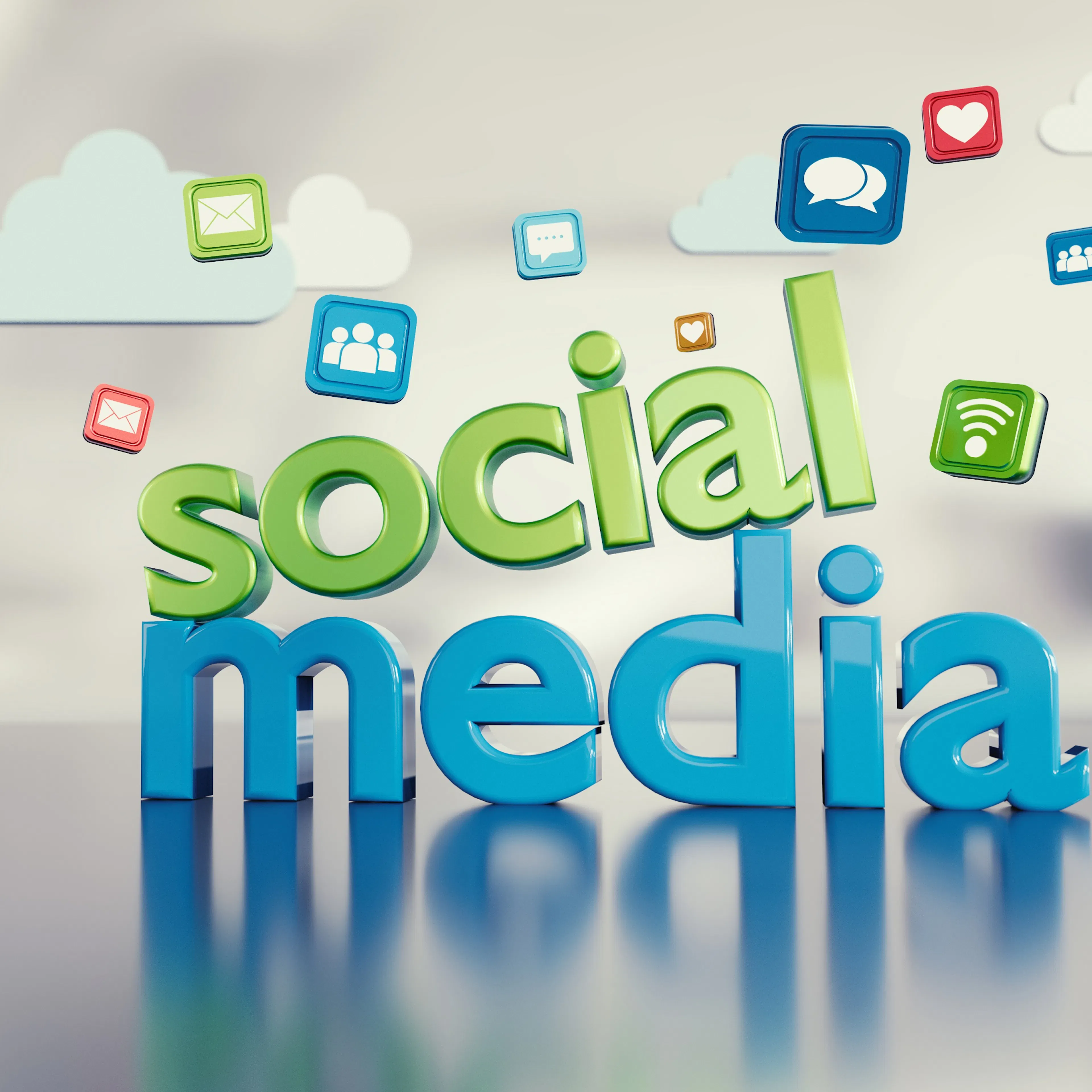 social media words with icons and clouds