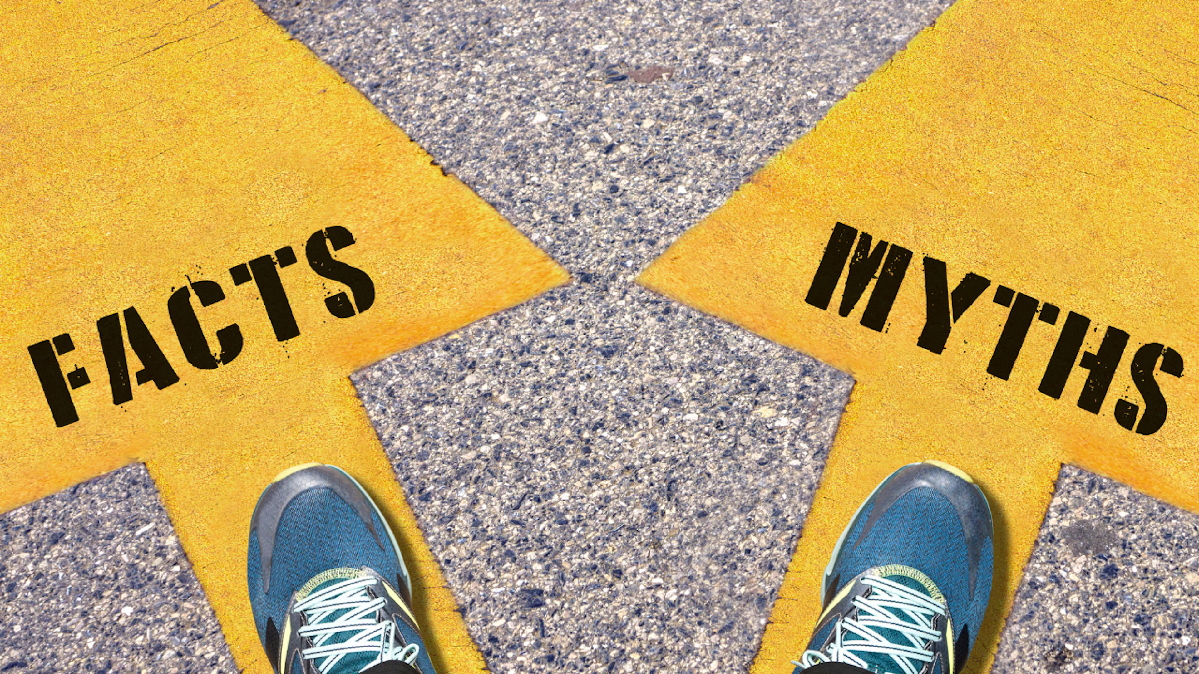 Someone standing on two arrows, one is labelled myths and one is labelled facts