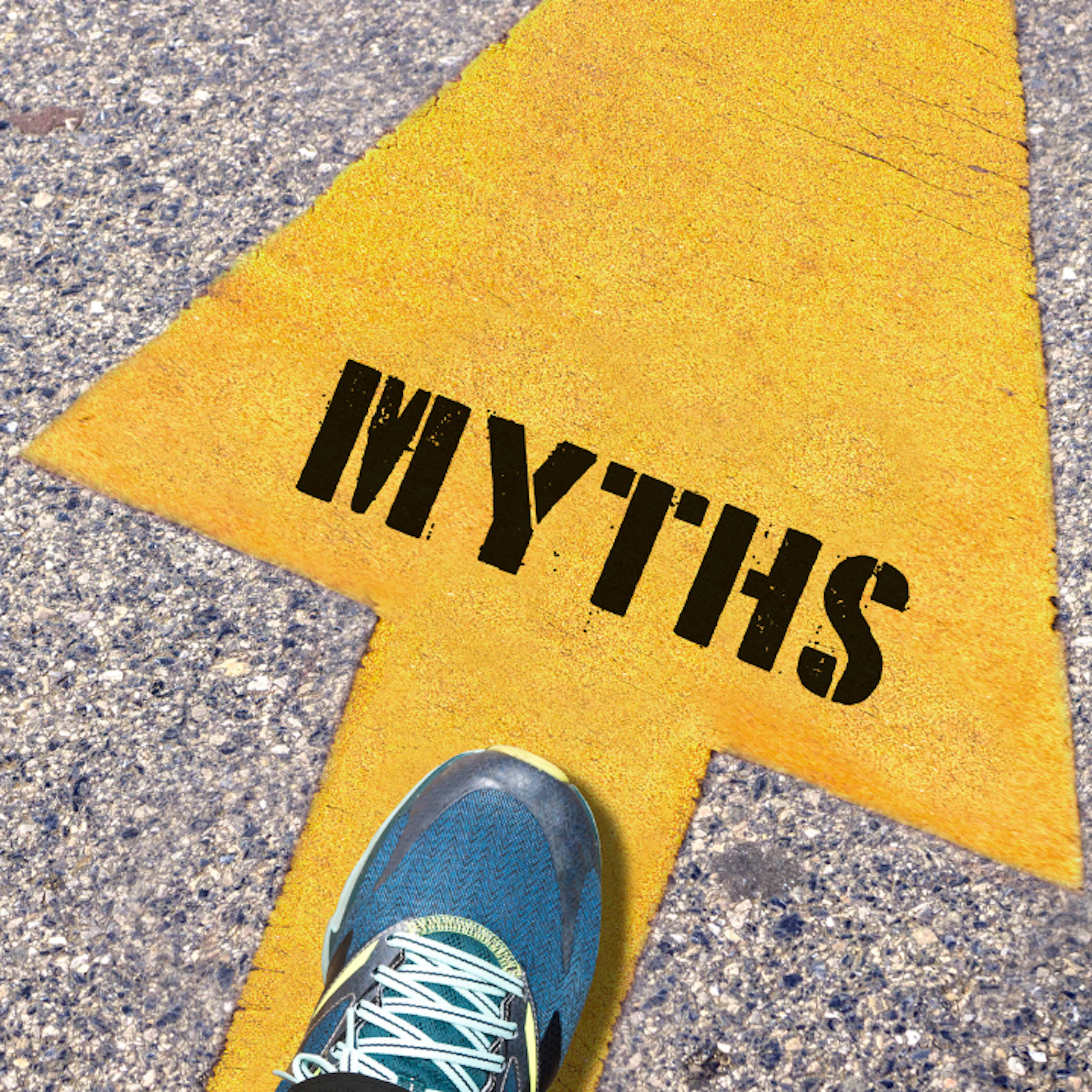 Someone standing on two arrows, one is labelled myths and one is labelled facts