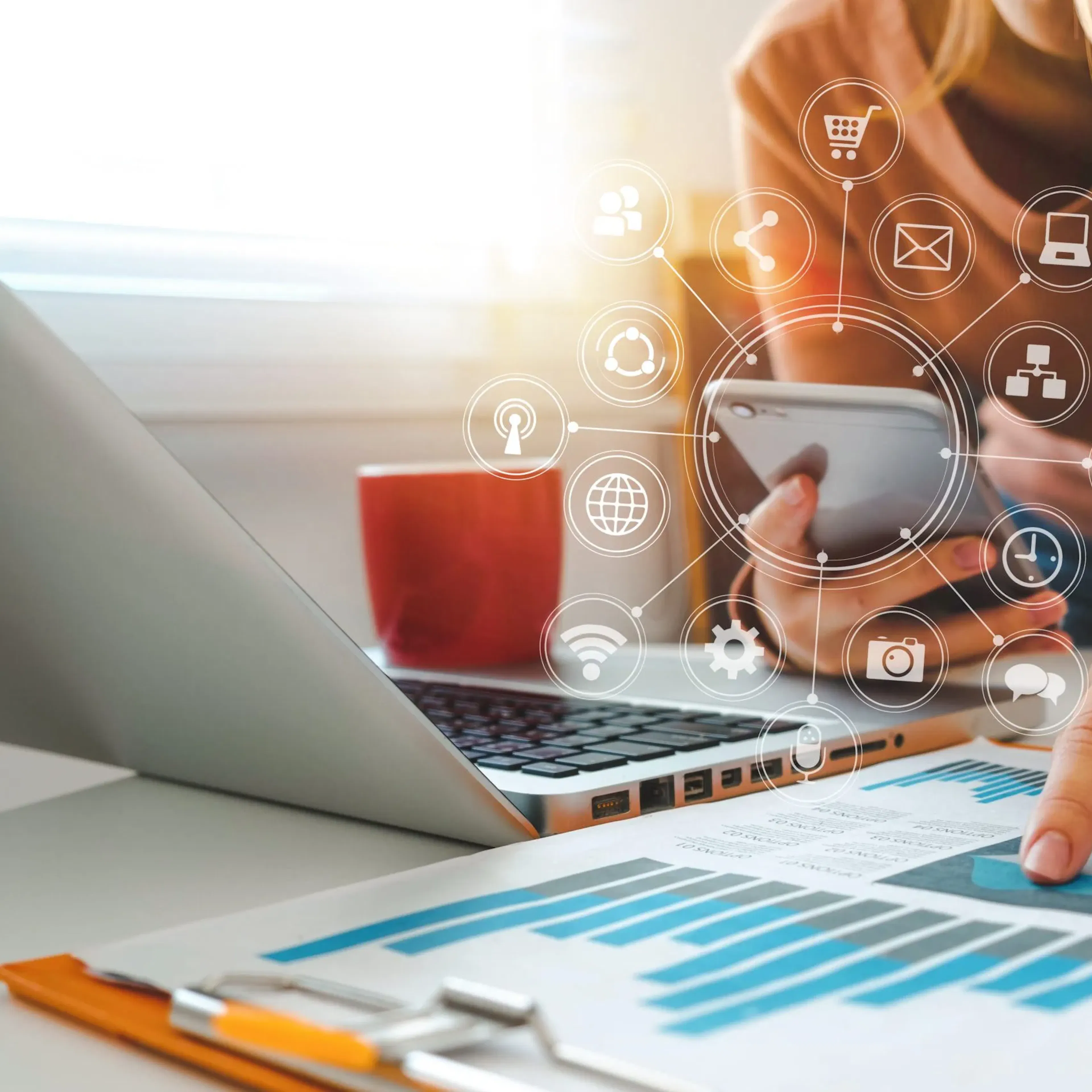 composite marketing image showing digital icons and datampsite marketing image showing digital icons and data