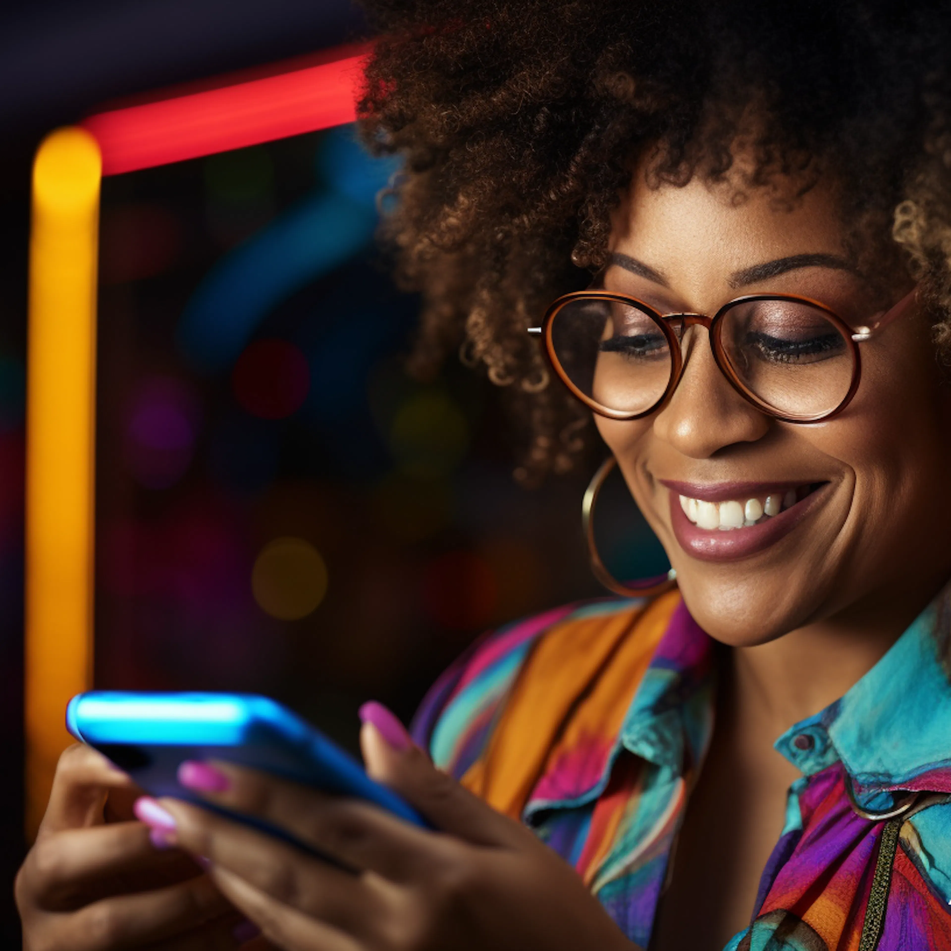 Black female wearing glasses smiling looking at phone