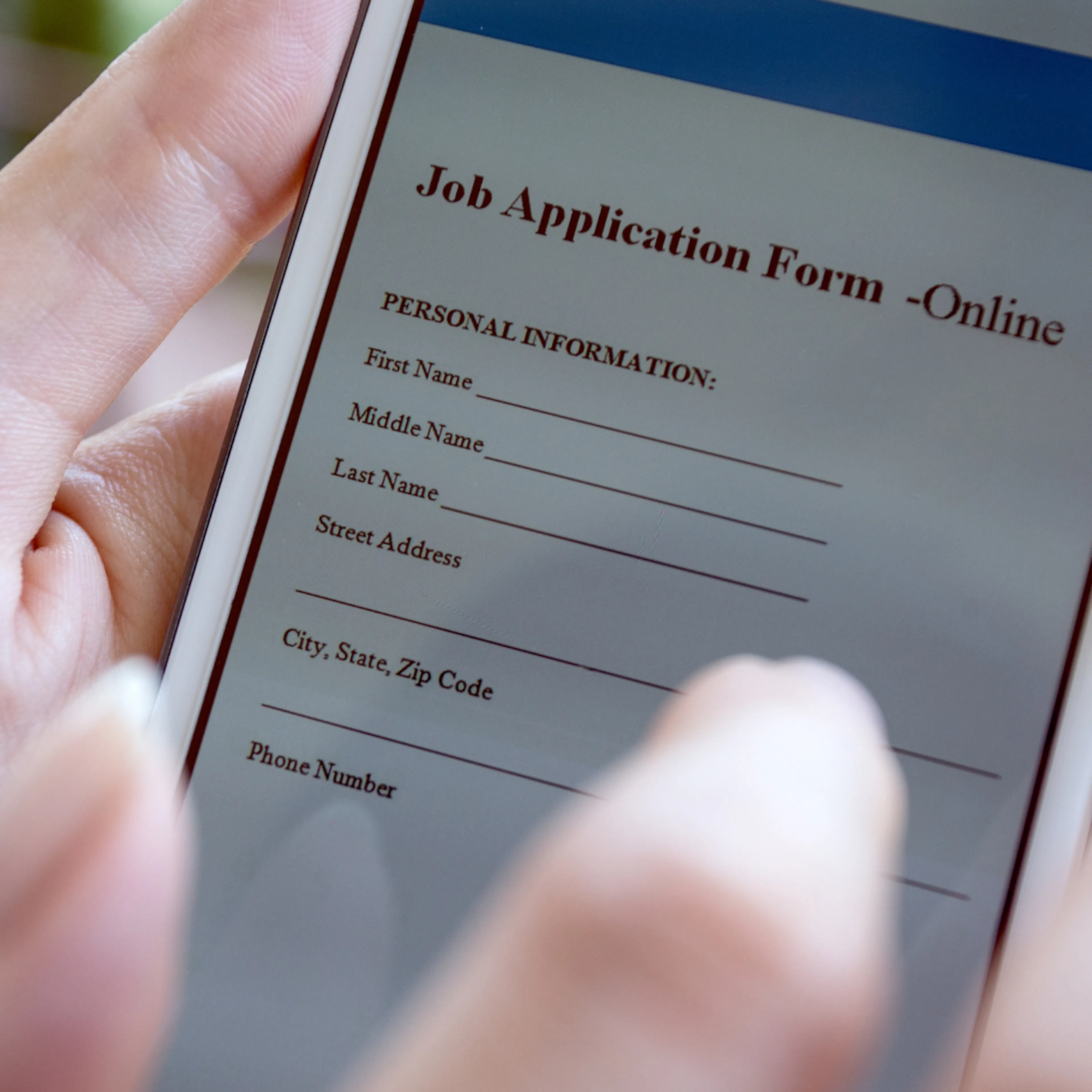 Online Job application form being viewed on a phone