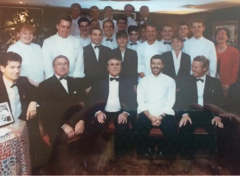 Team picture of Louise at Le Gavroche the first time around, featuring founder Albert Roux