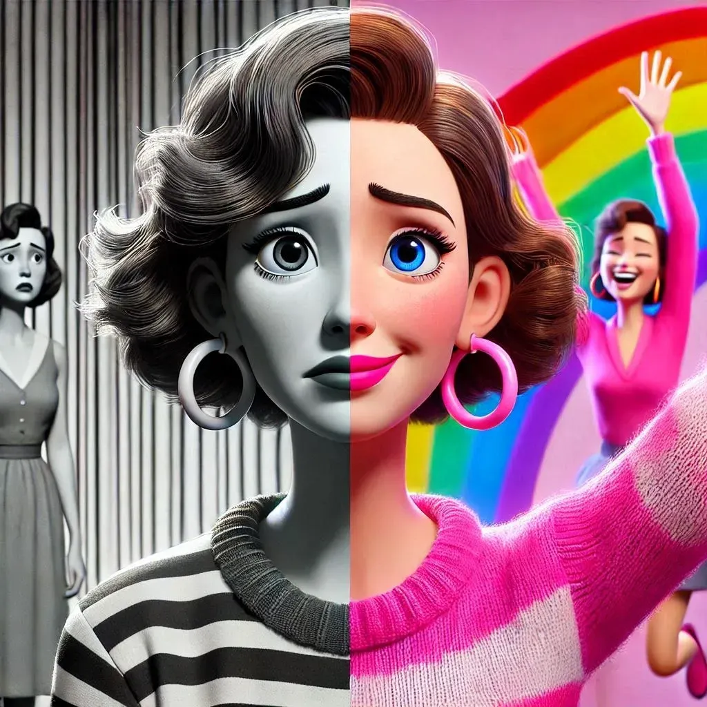 Part Black and white, part colour cartoon image of Ali, reflecting light and dark