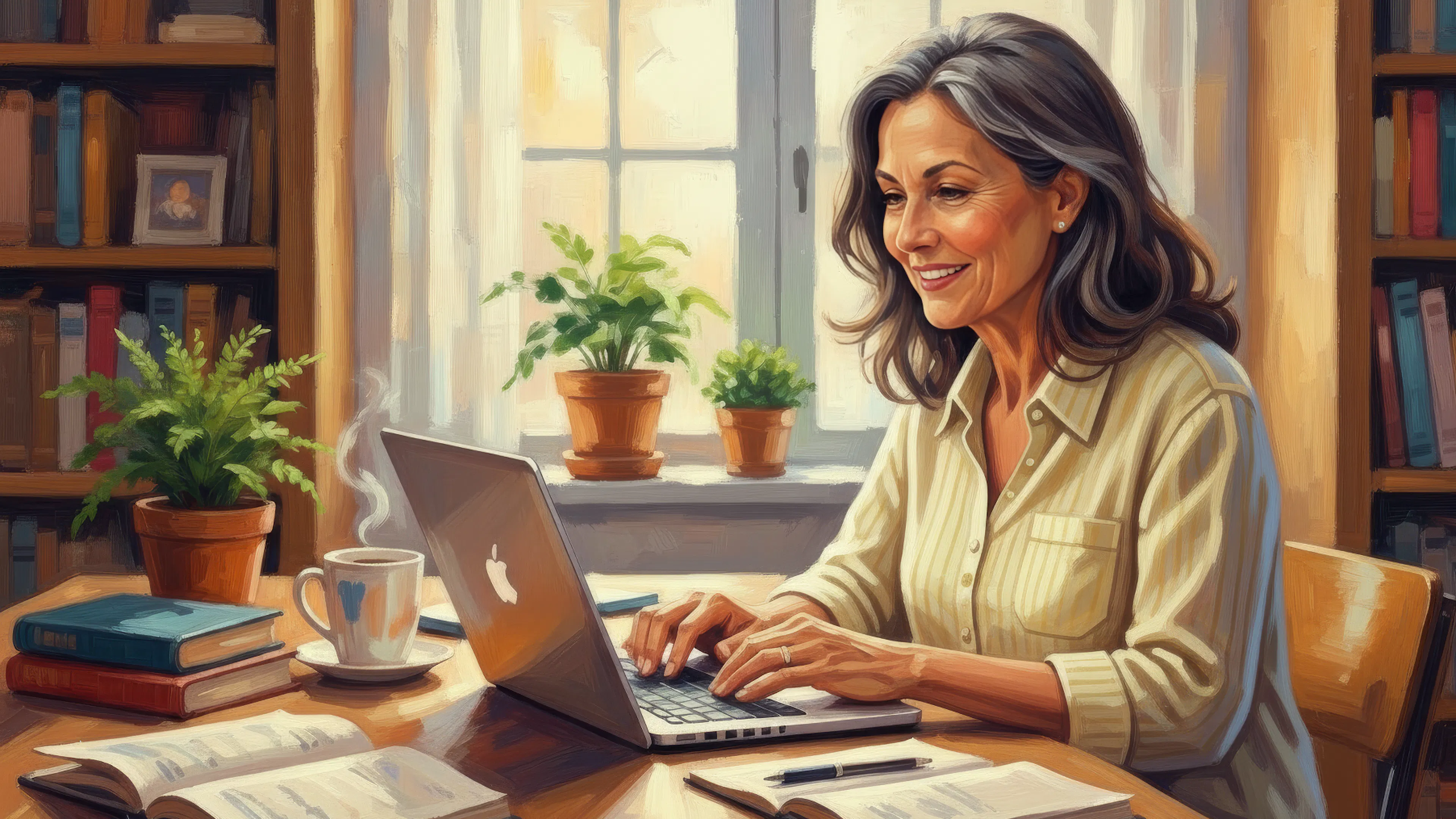 A painting of a lady in a cozy home. Working on her laptop