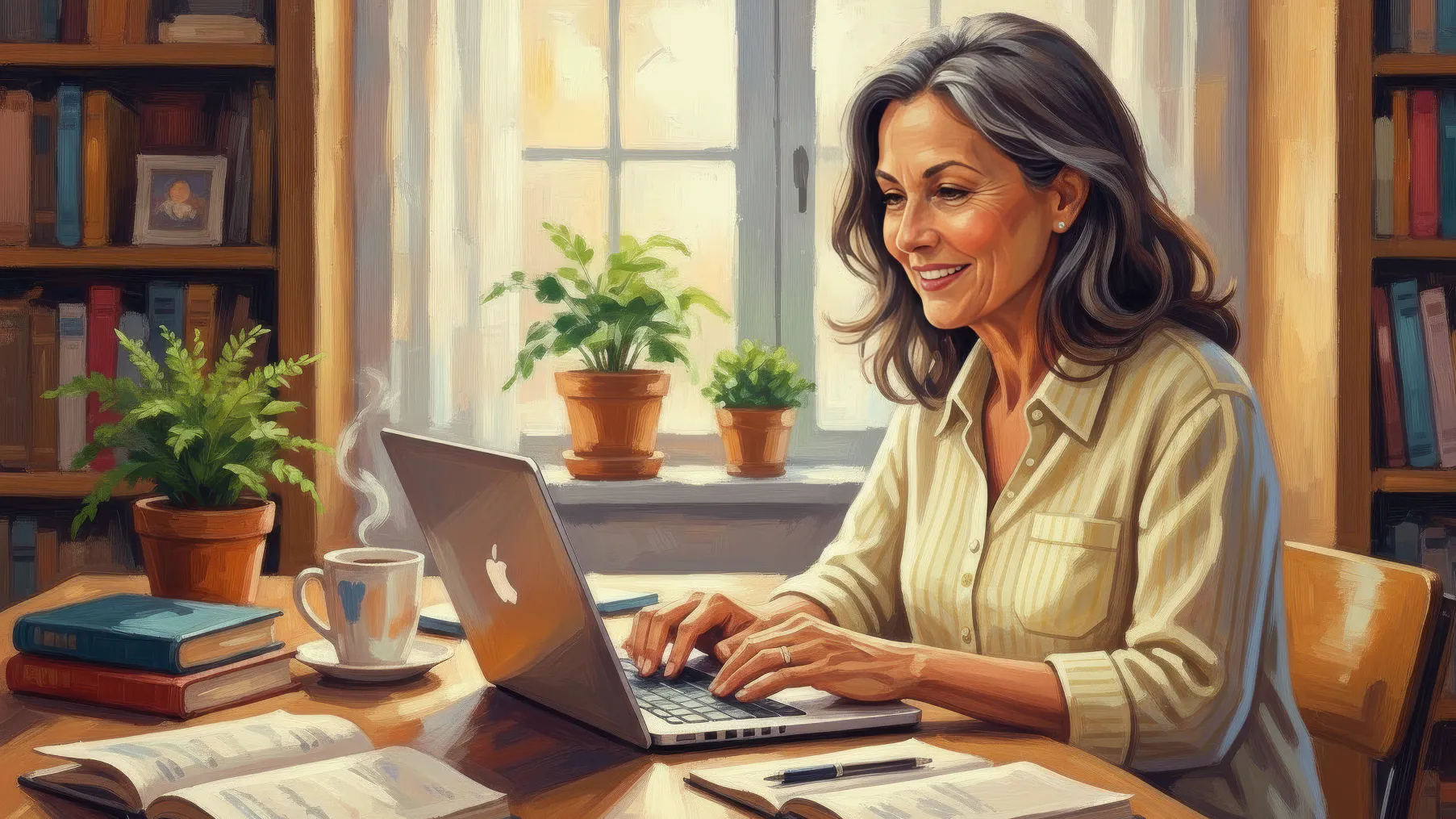 A painting of a lady in a cozy home. Working on her laptop