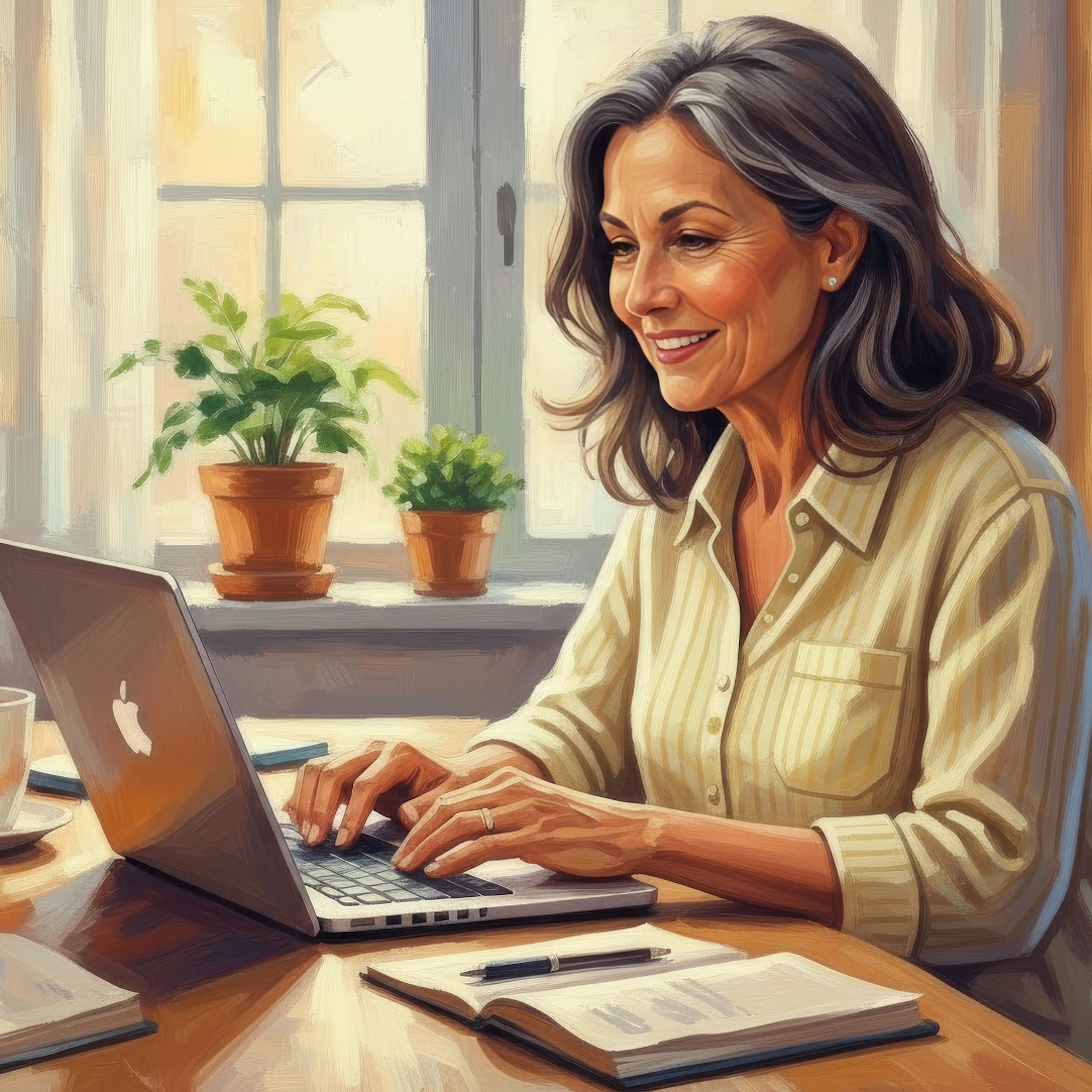 A painting of a lady in a cozy home. Working on her laptop