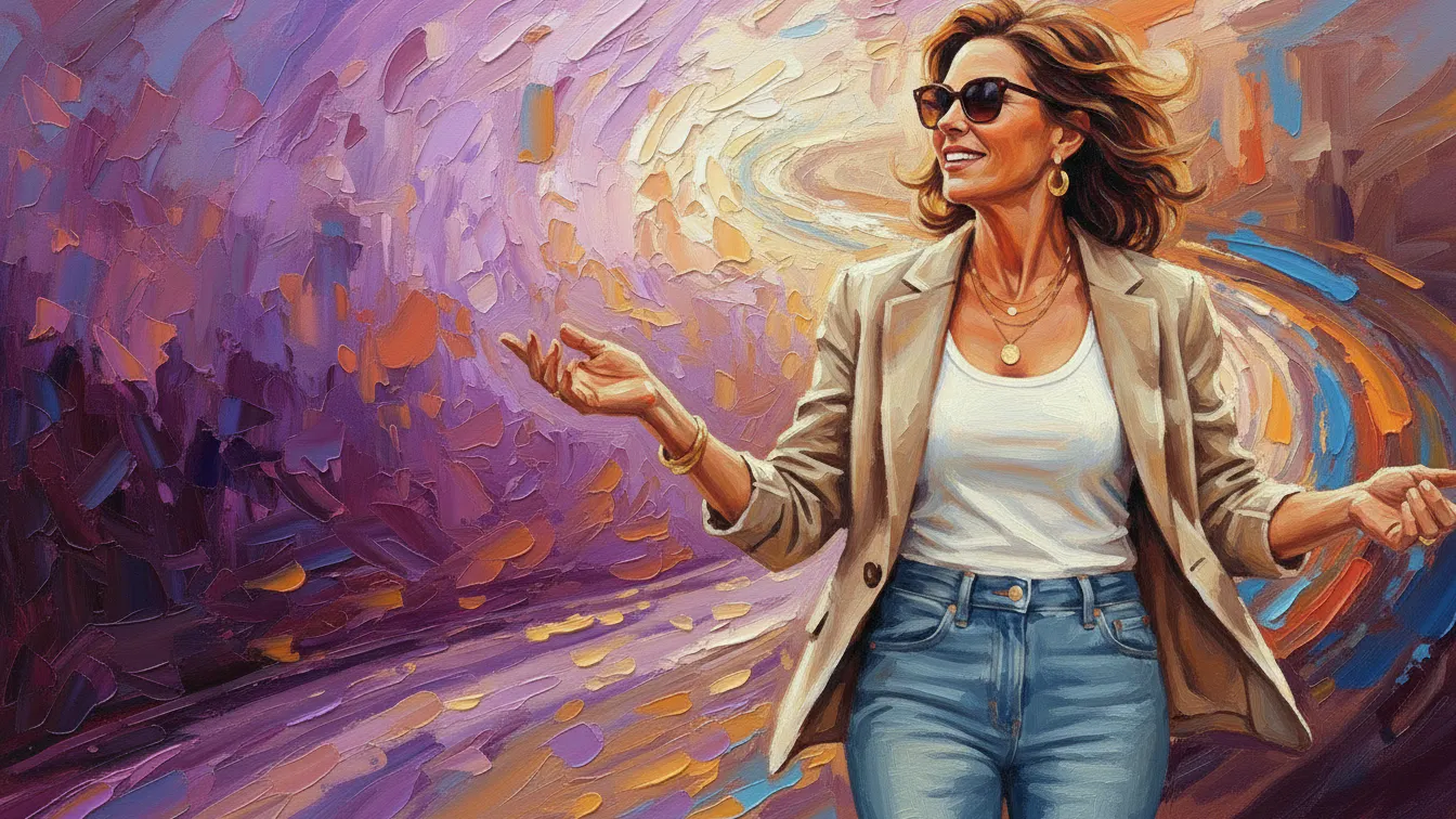 an abstract painting of a woman on a path