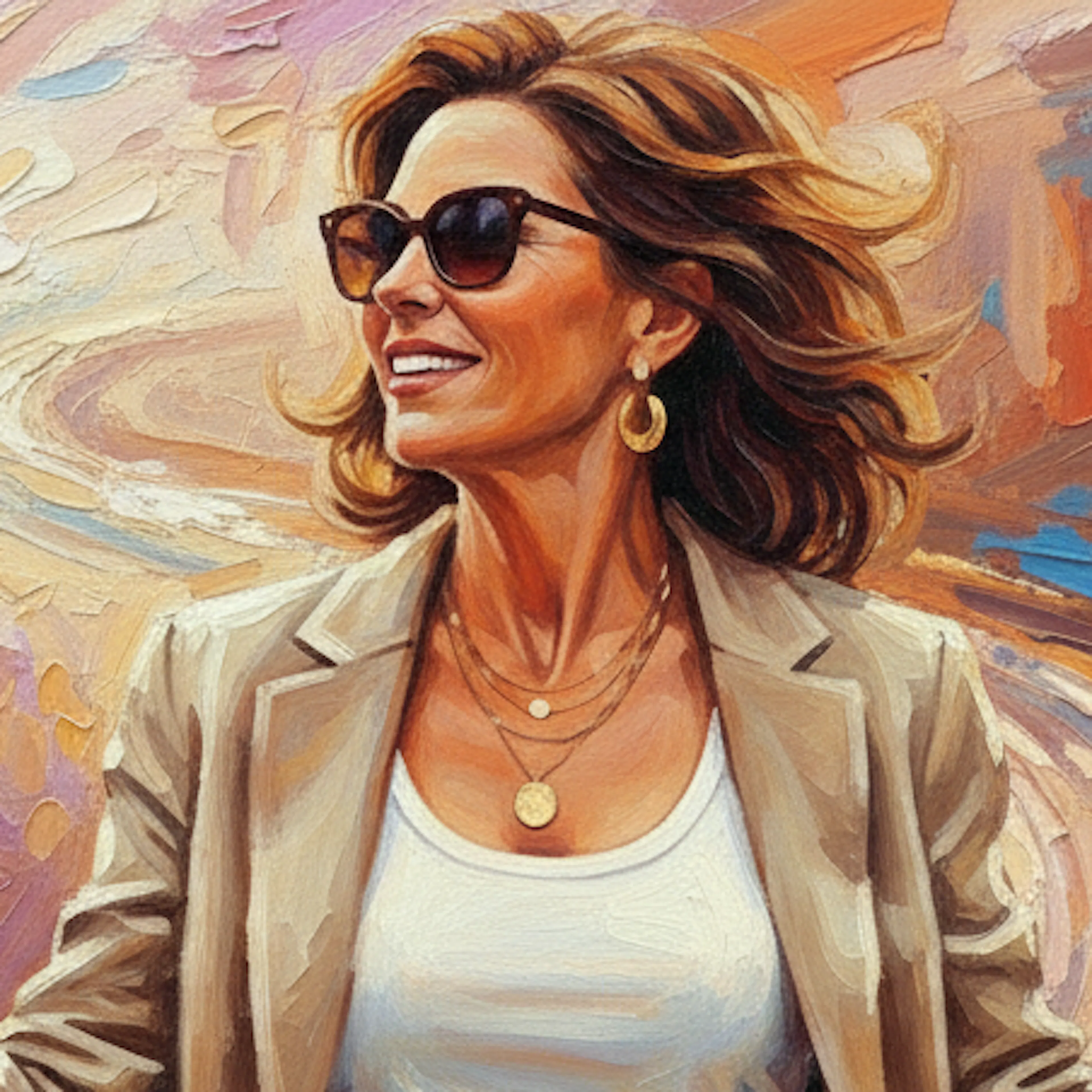 an abstract painting of a woman on a path