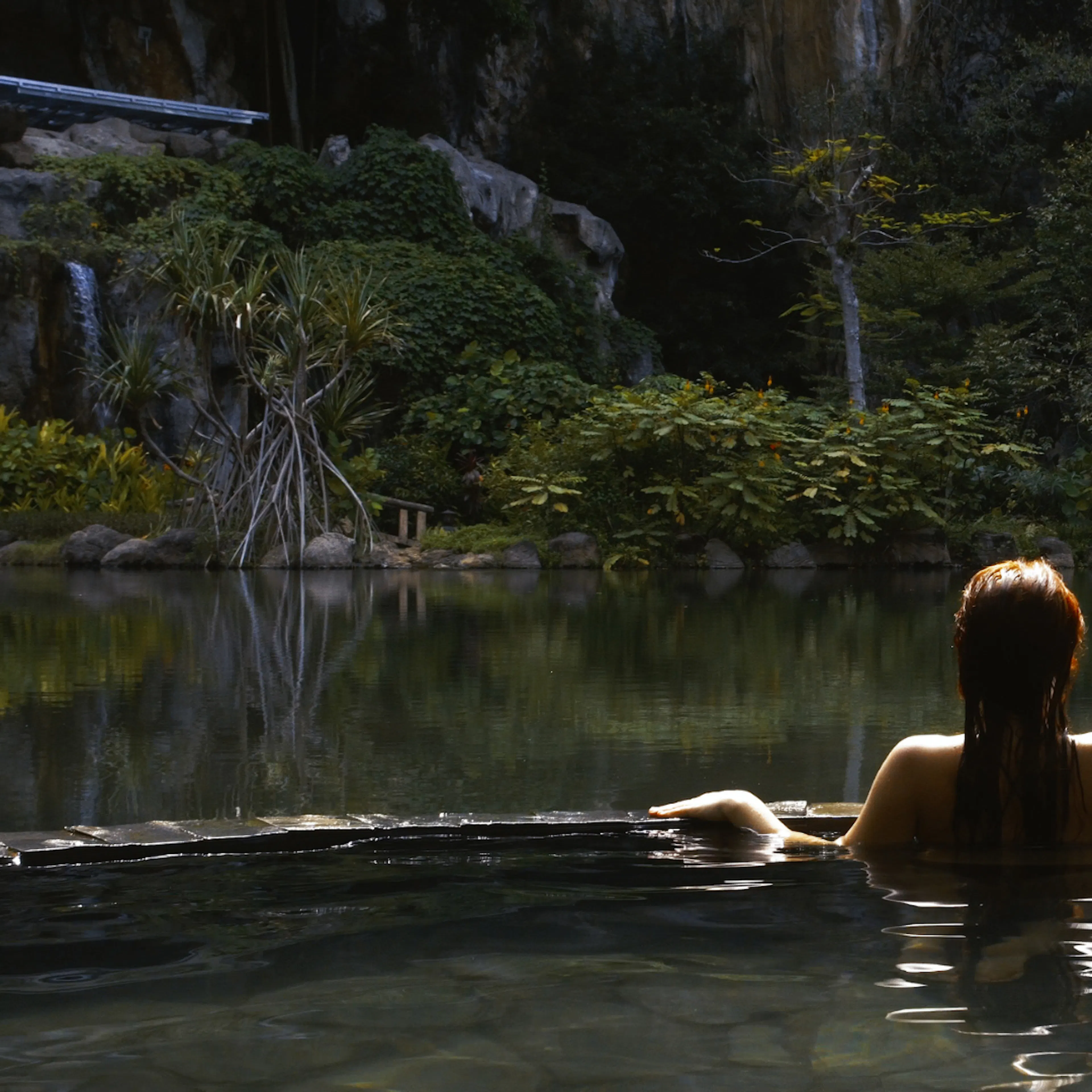 Back of woman in outside pool overlooking green space