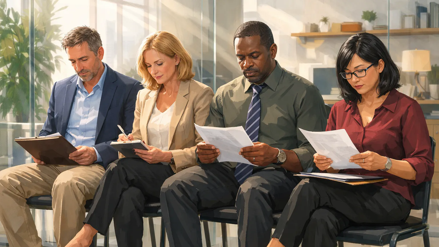 Four people waiting for an interview