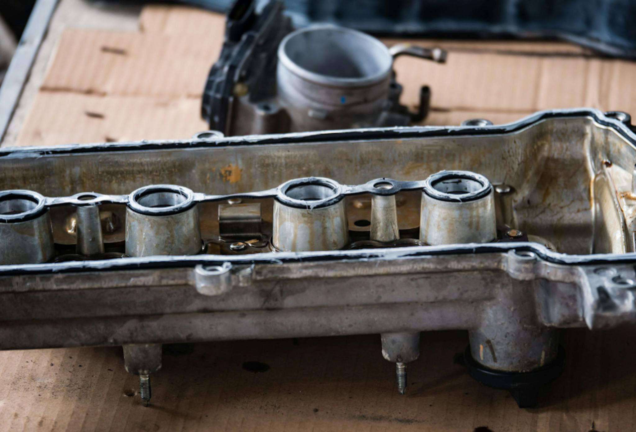 Rocker cover gasket in place on a cylinder head.