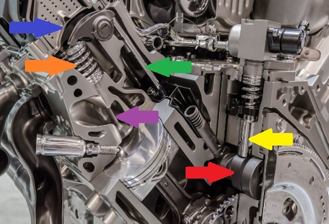 Cutaway view of a V-type engine showing some internal details of the valve train