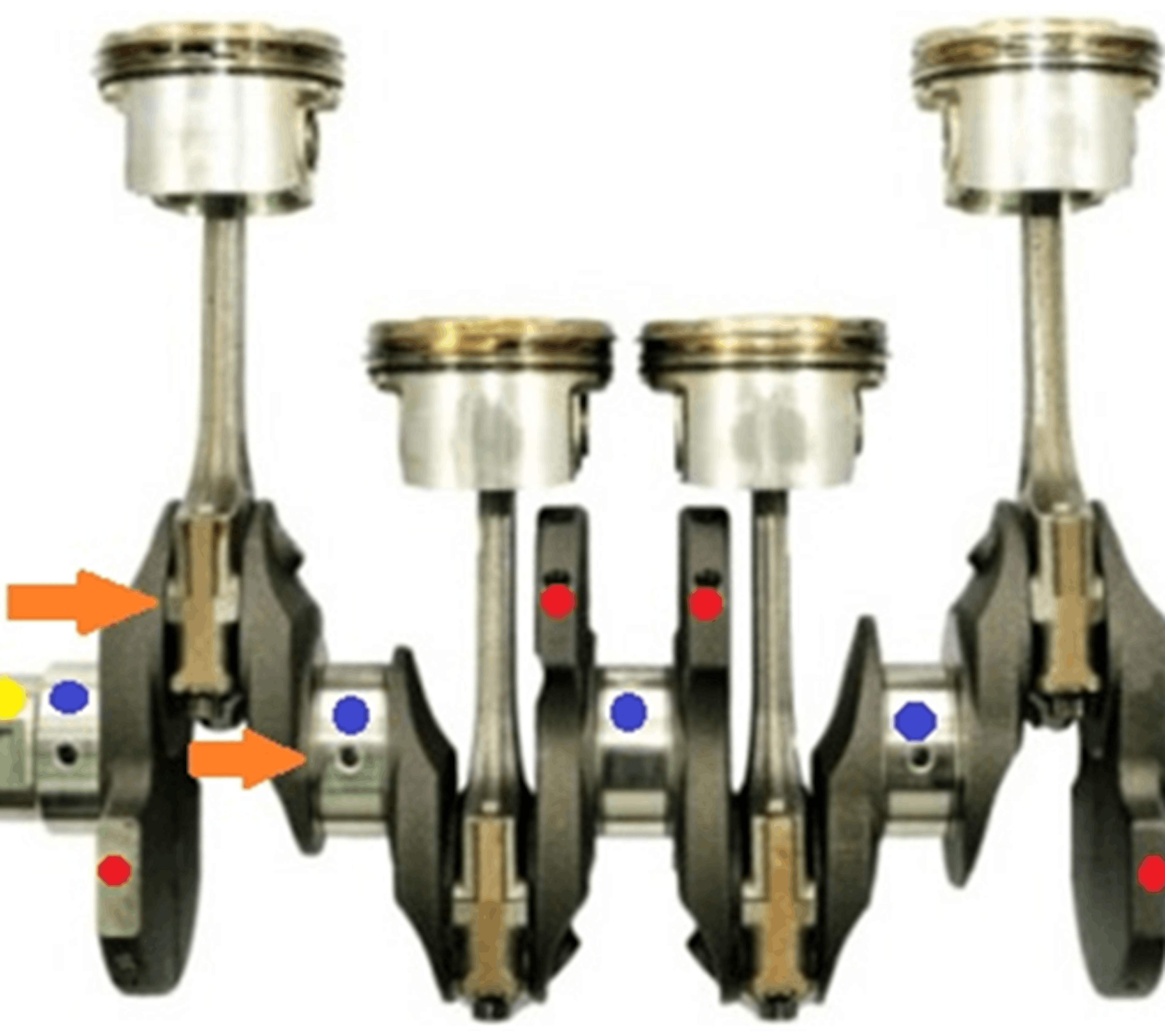 A crankshaft with connecting rods and pistons attached