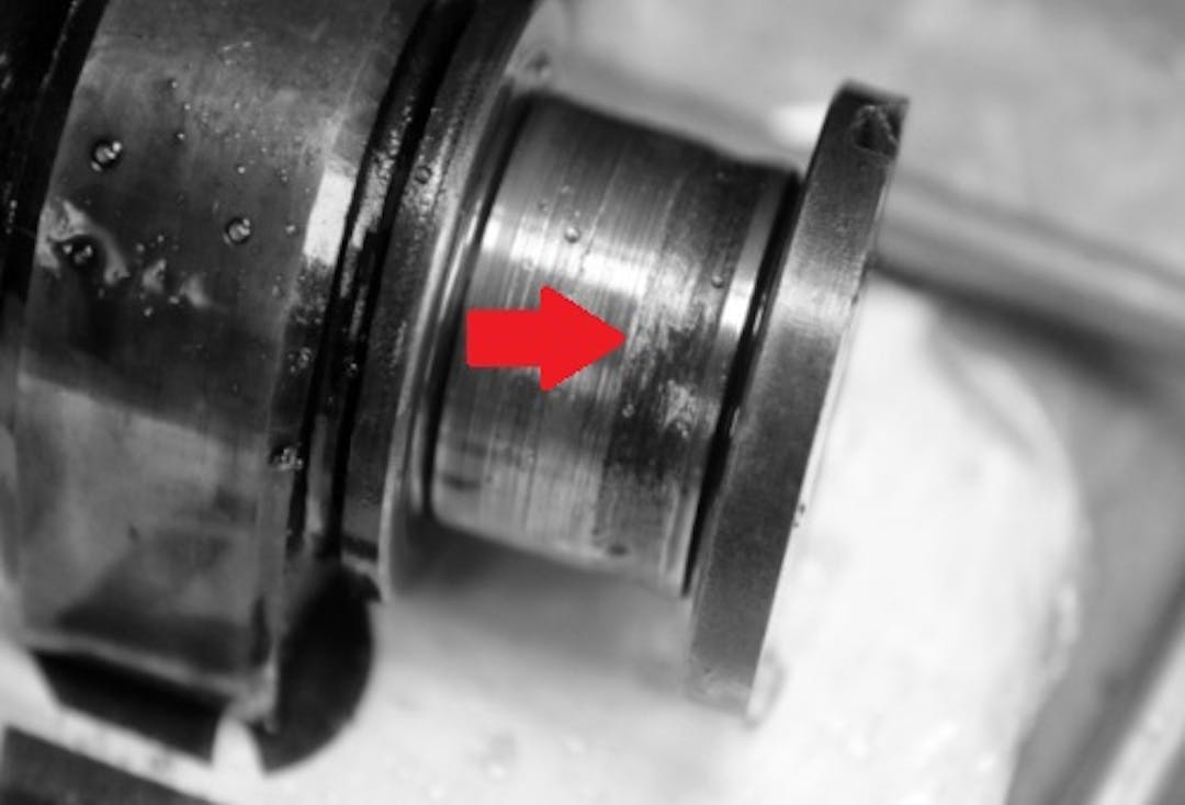 Example of damage caused by a localised lubrication failure on a camshaft journal