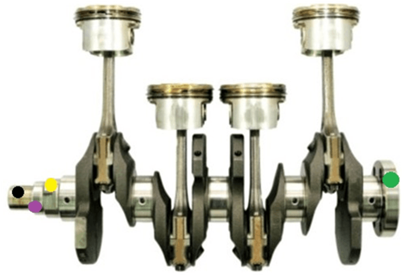 A crankshaft with connecting rods and pistons attached