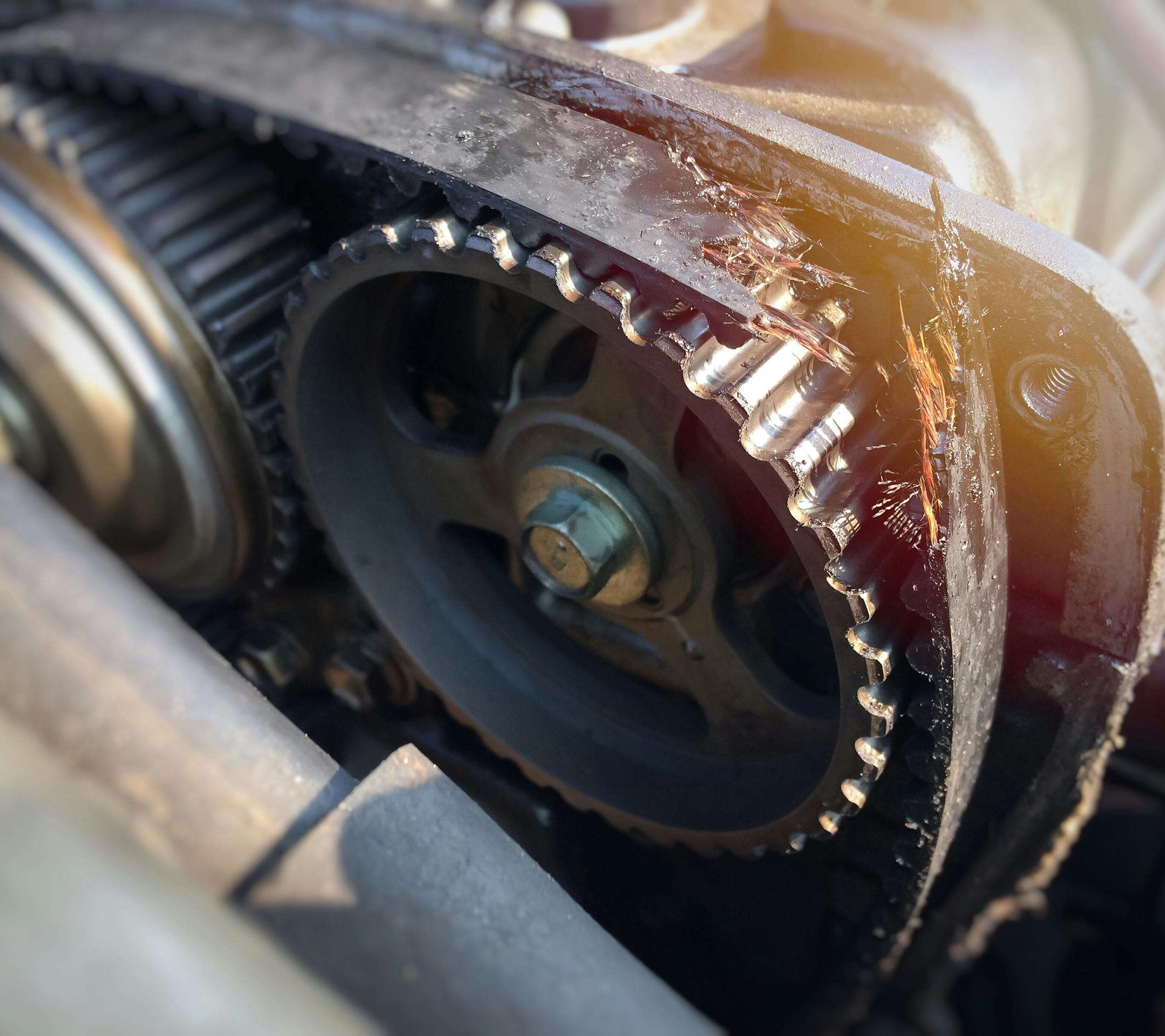 A damaged car engine timing belt