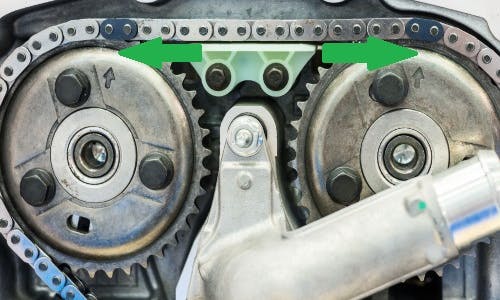 An example of timing marks that are used to establish proper camshaft phasing