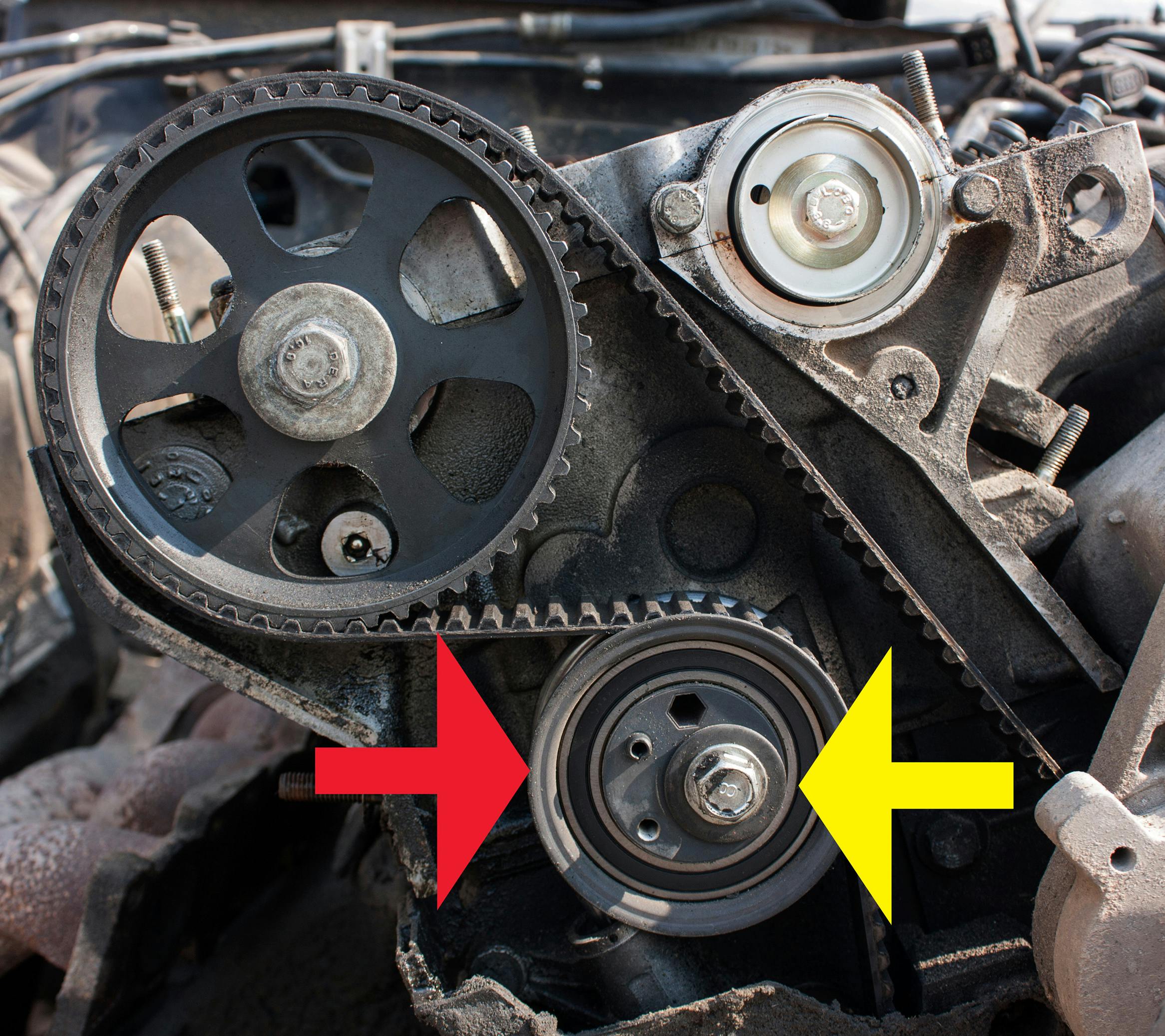 A car timing belt with coloured arrows