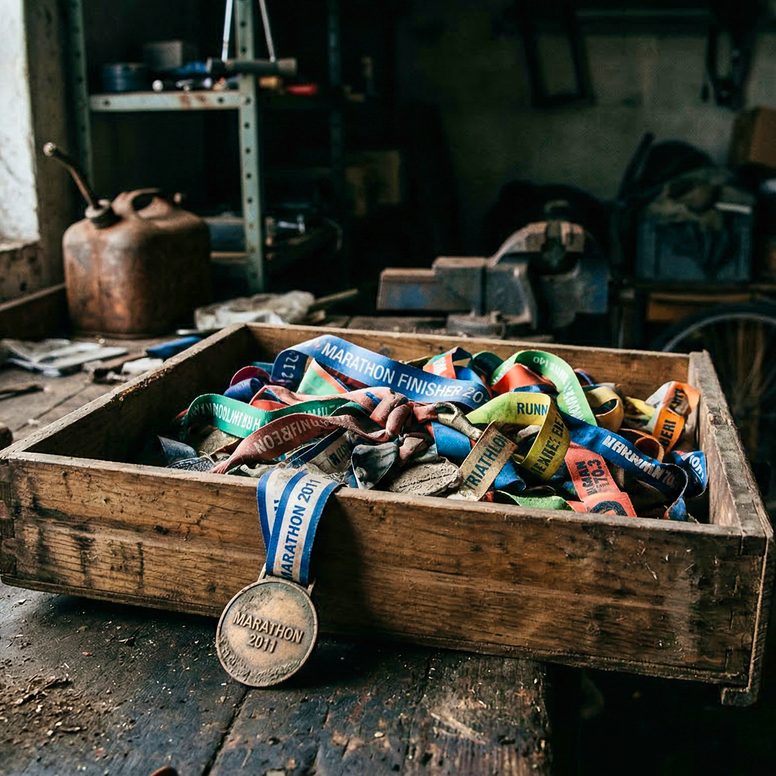 Medaillen vor dem Aufhängen im Medaillenhalter in rustikaler Werkstattkiste