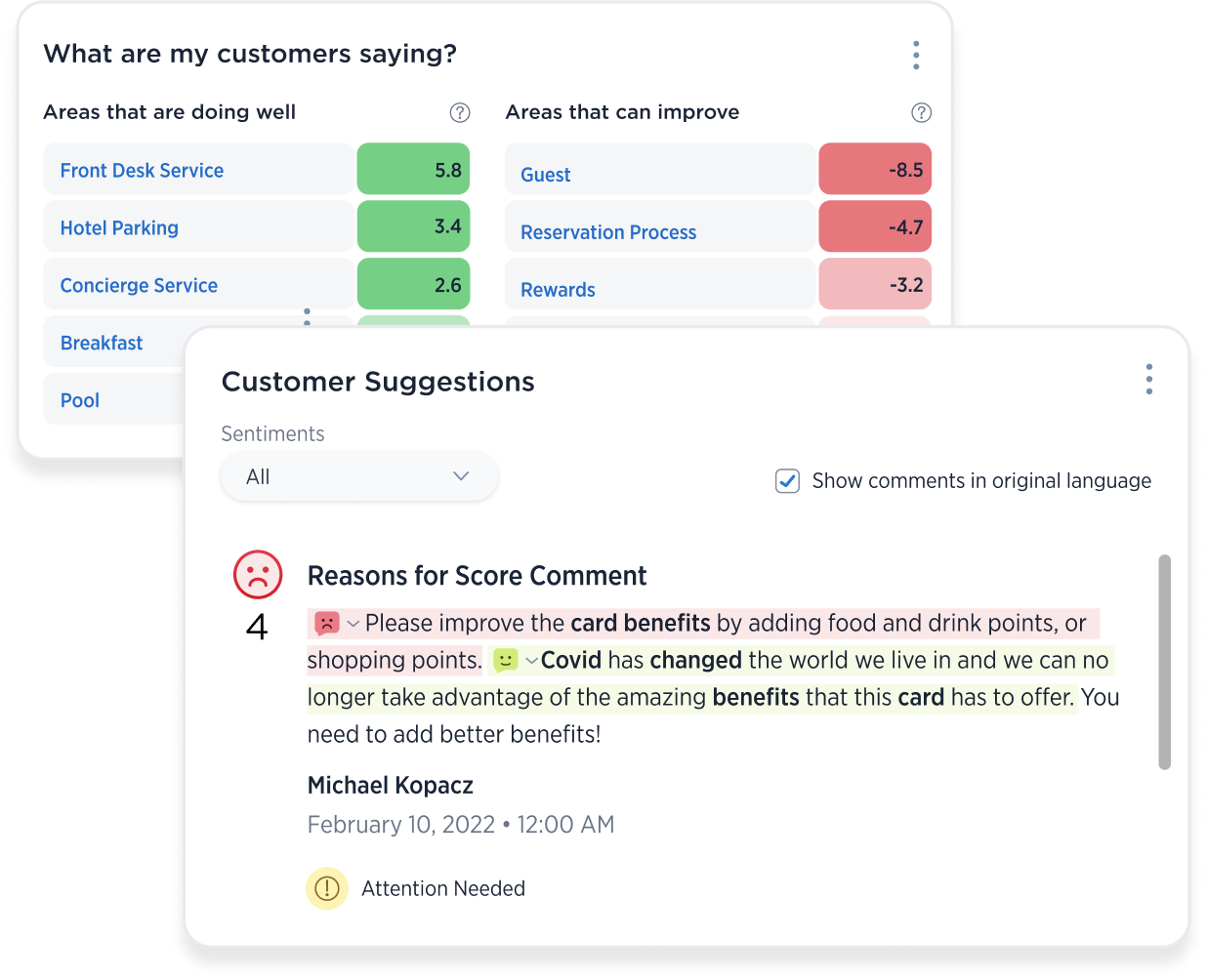 Screenshot of Medallia's sentiment analysis tool with two overlays showing 