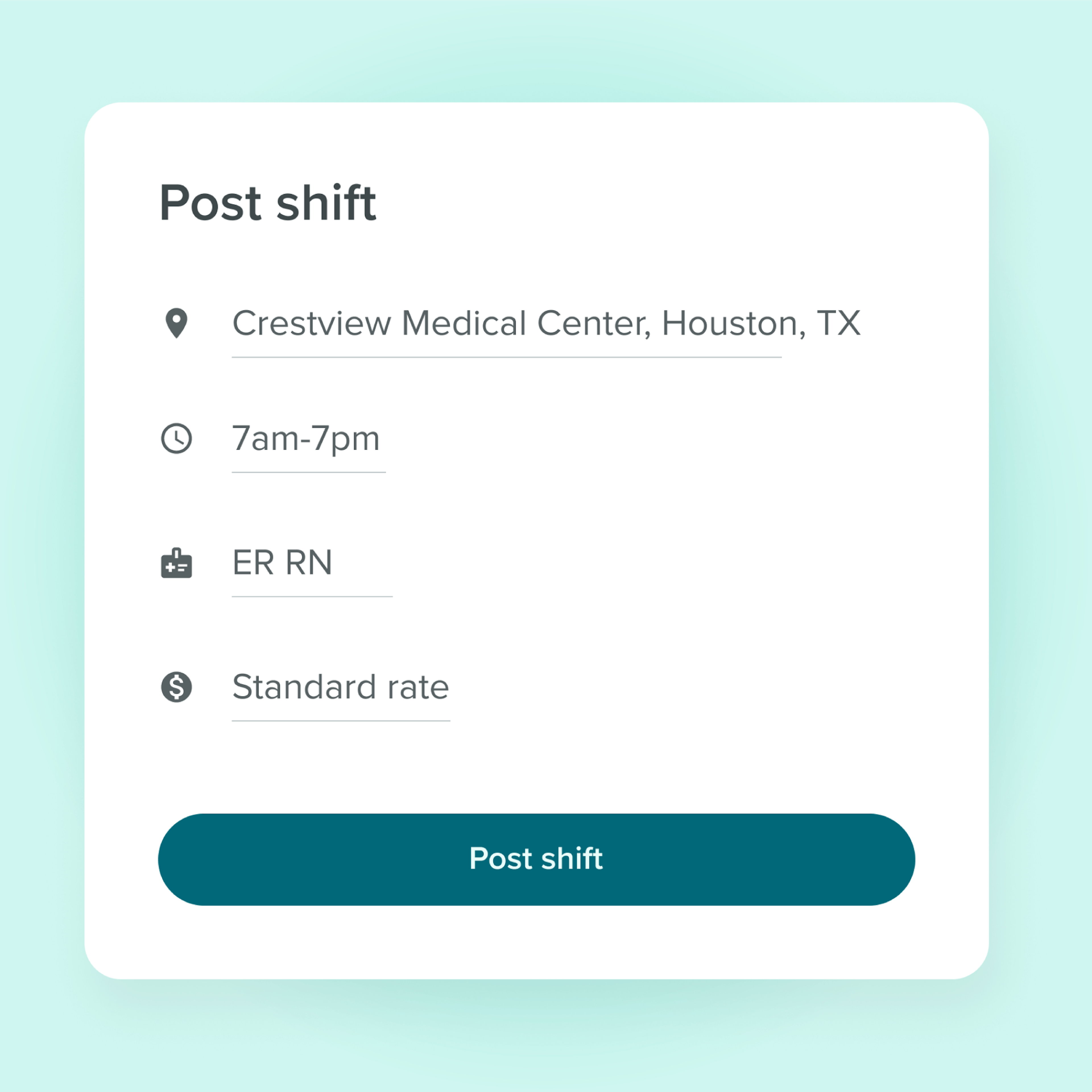 Post shift UI from Medely' Healthcare Talent Marketplace