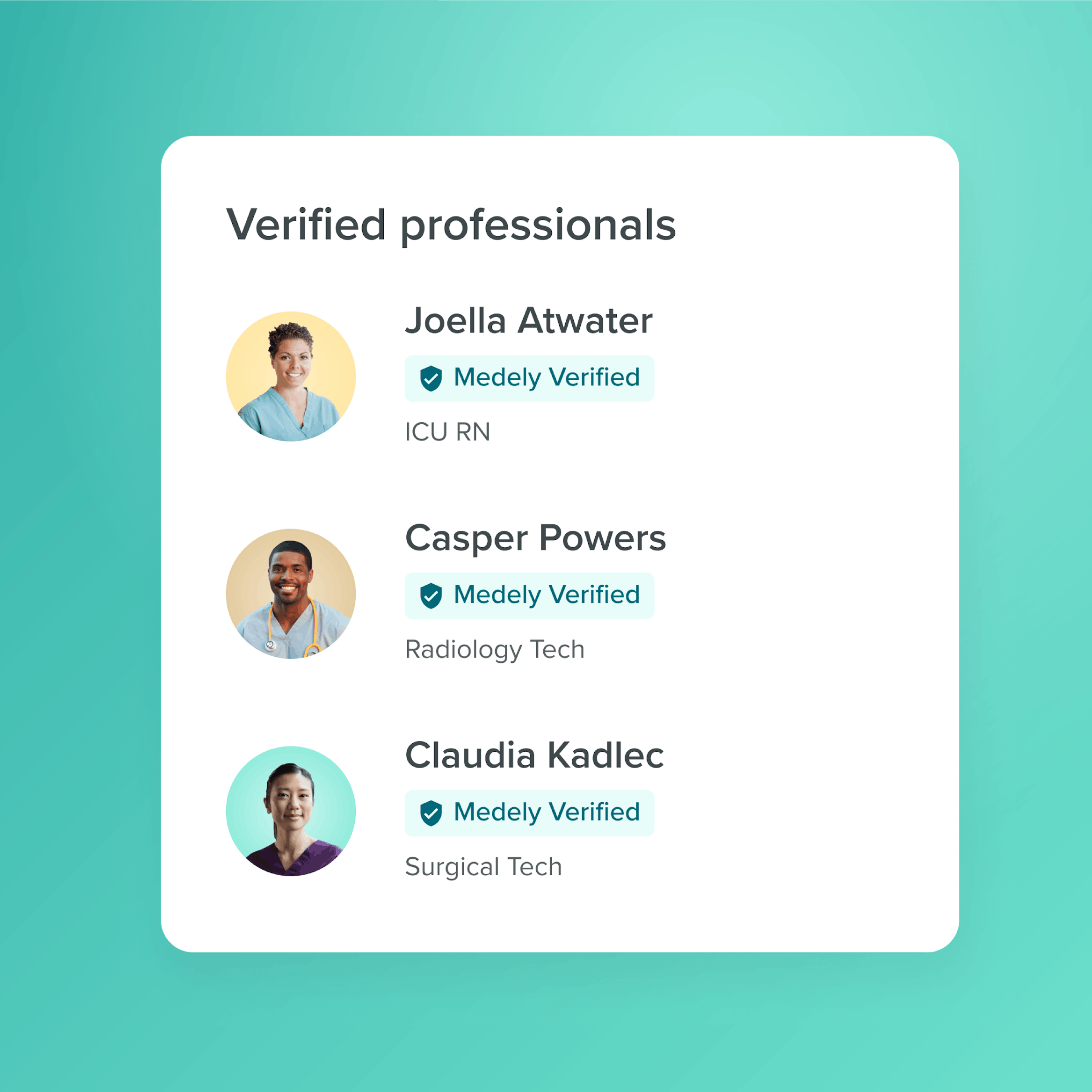 Verified professionals UI on Medely