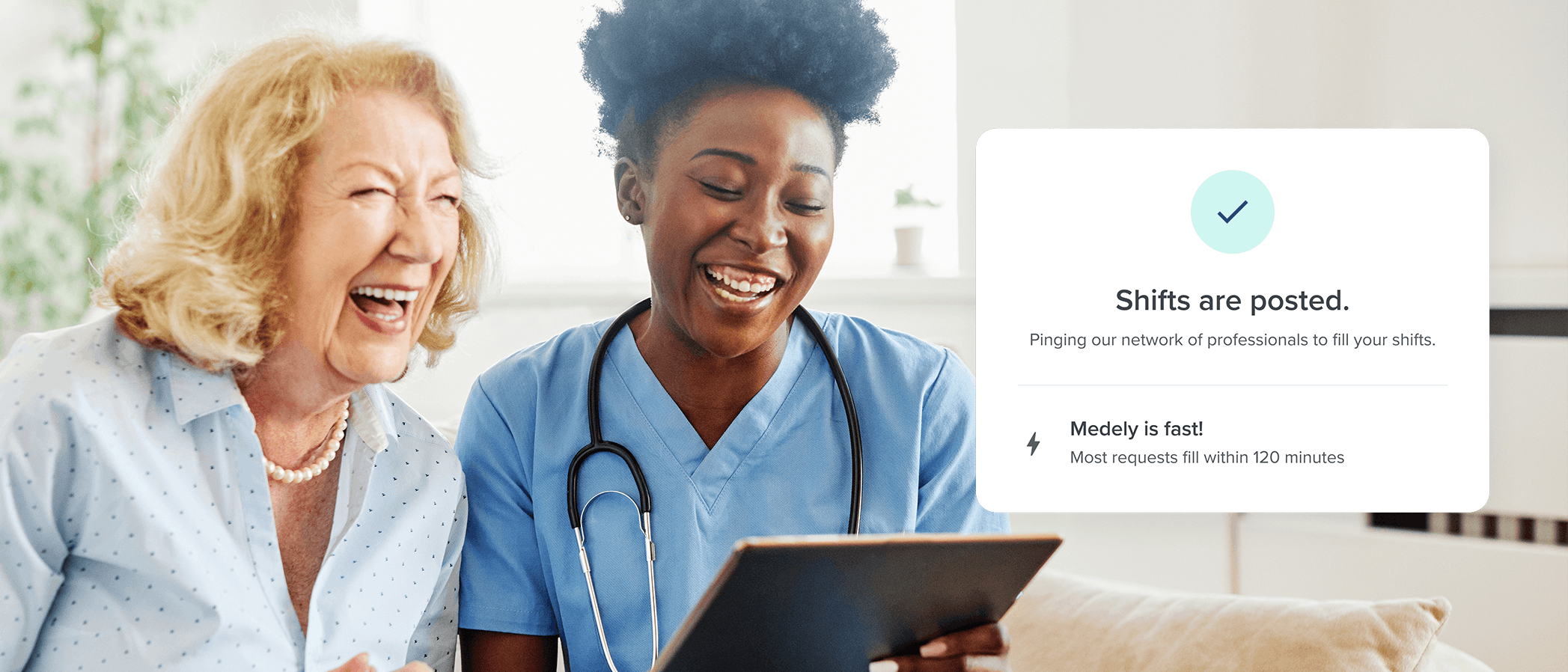 Elderly patient and nurse smiling together with Medely post-acute staffing icon on the right