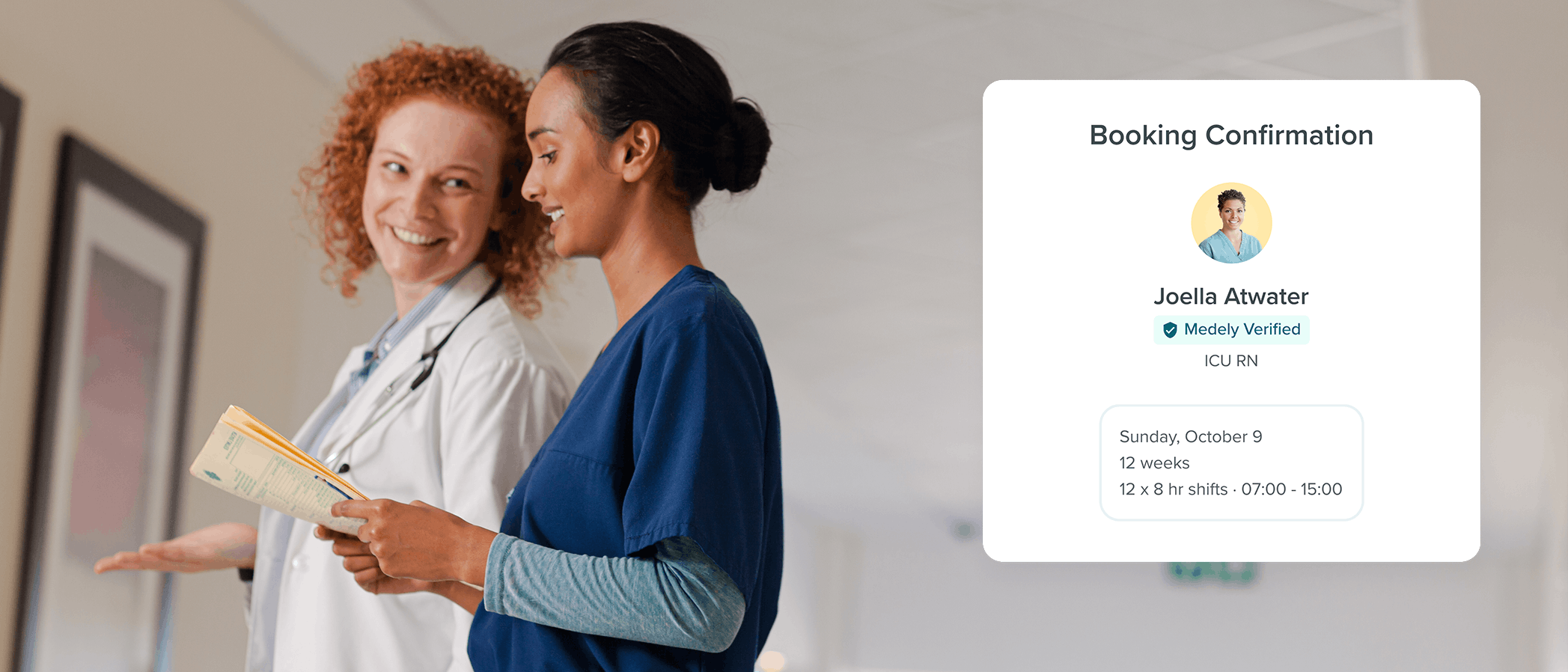 Two healthcare professionals smiling with Medely's Hospital Staffing solution icon to the right