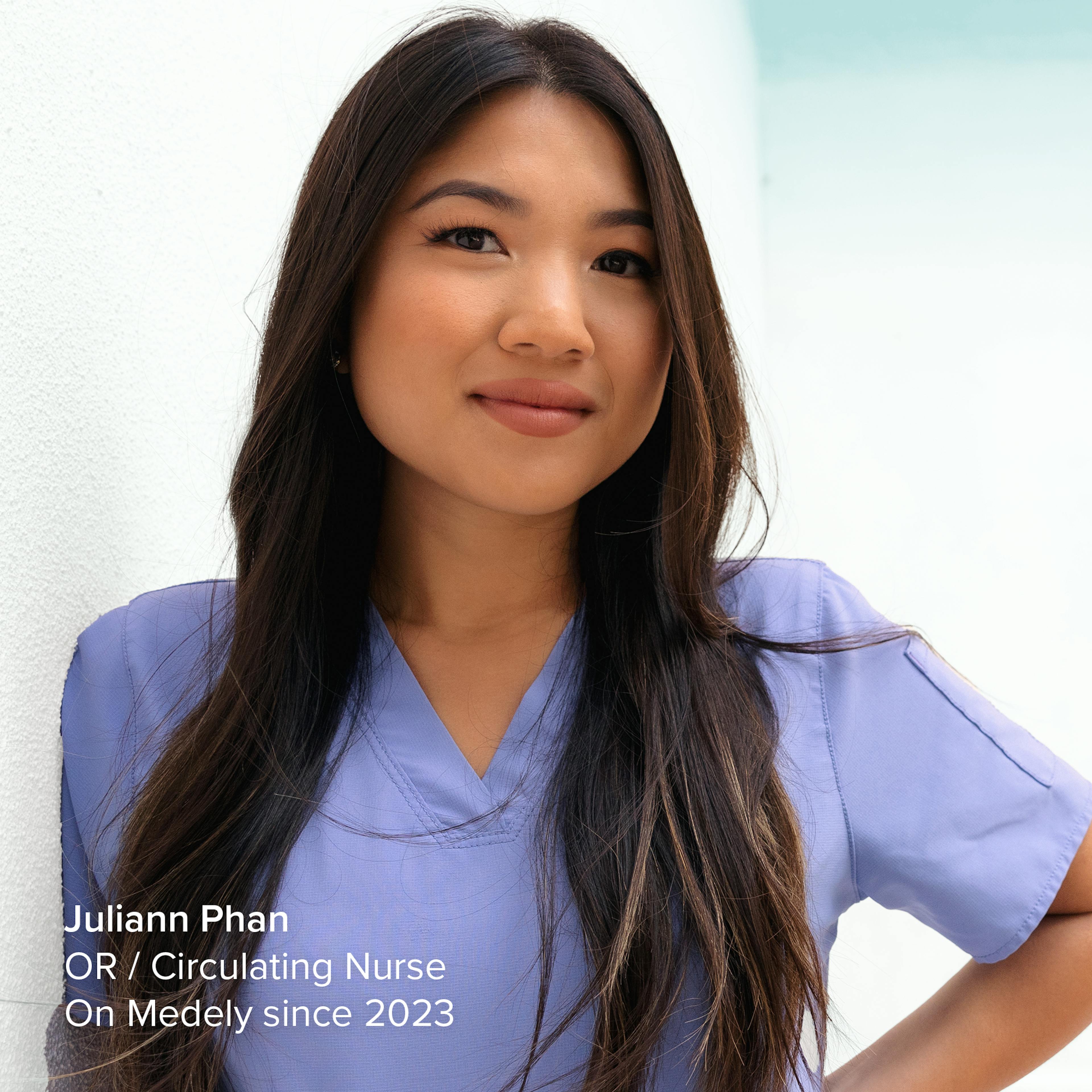 Nurse Juliann leaning on wall with essentialized UI on right side of image