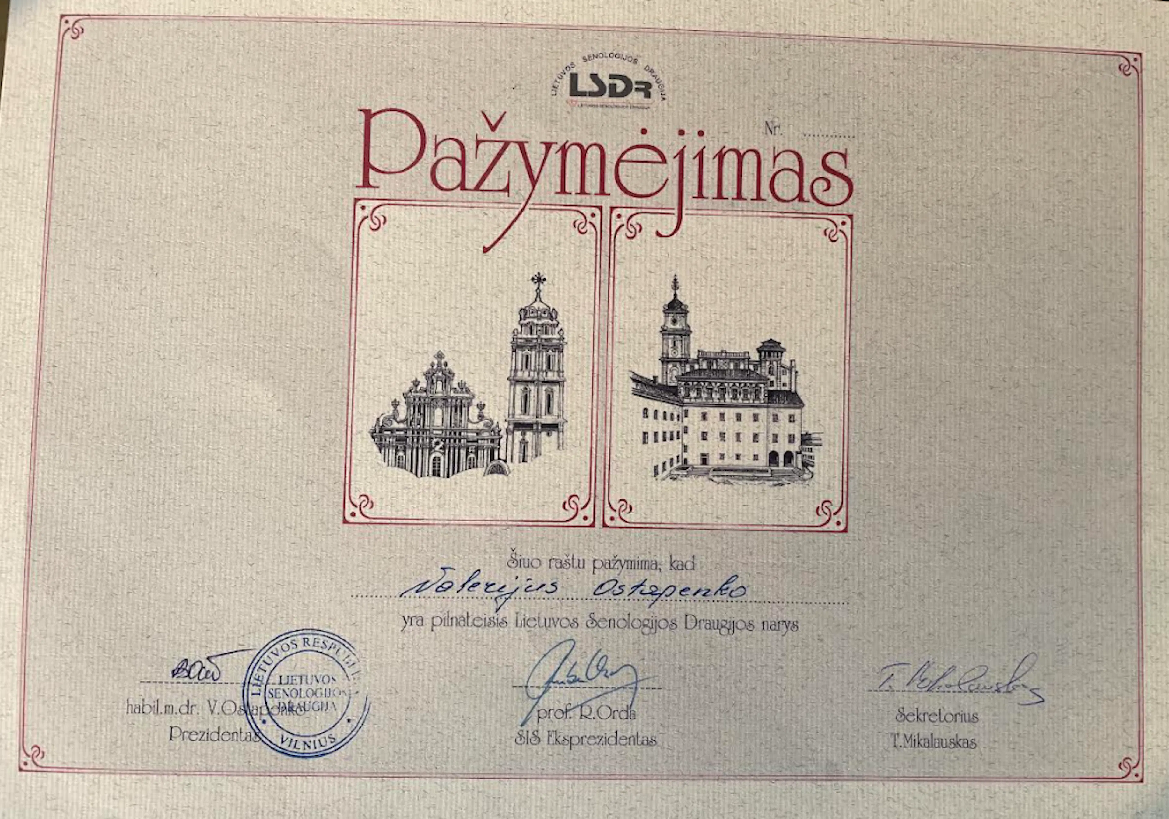 Lietuvos Senologijos draugijos (LSDr) nario pažymėjimas