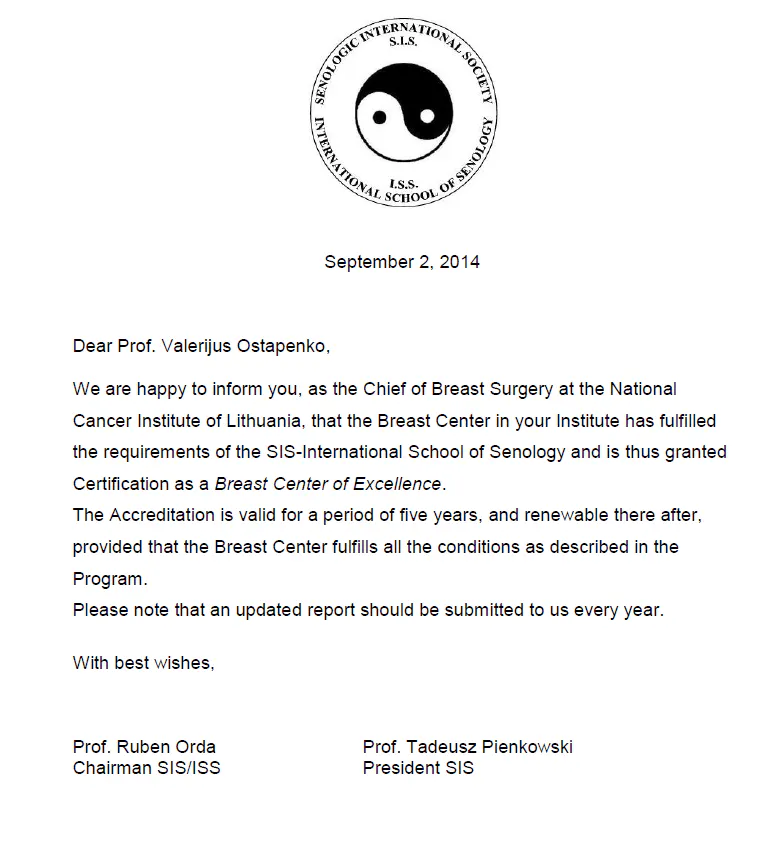 NVI krūties centro tarptautinės SIS/ISS akreditacijos sertifikatas
