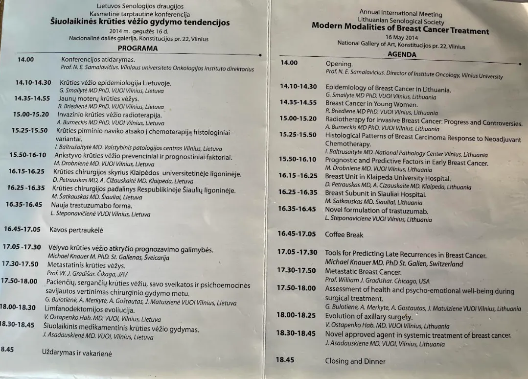 2014-05-16 Lietuvos Senologijos Draugijos (LSDr) konferencijos programa
