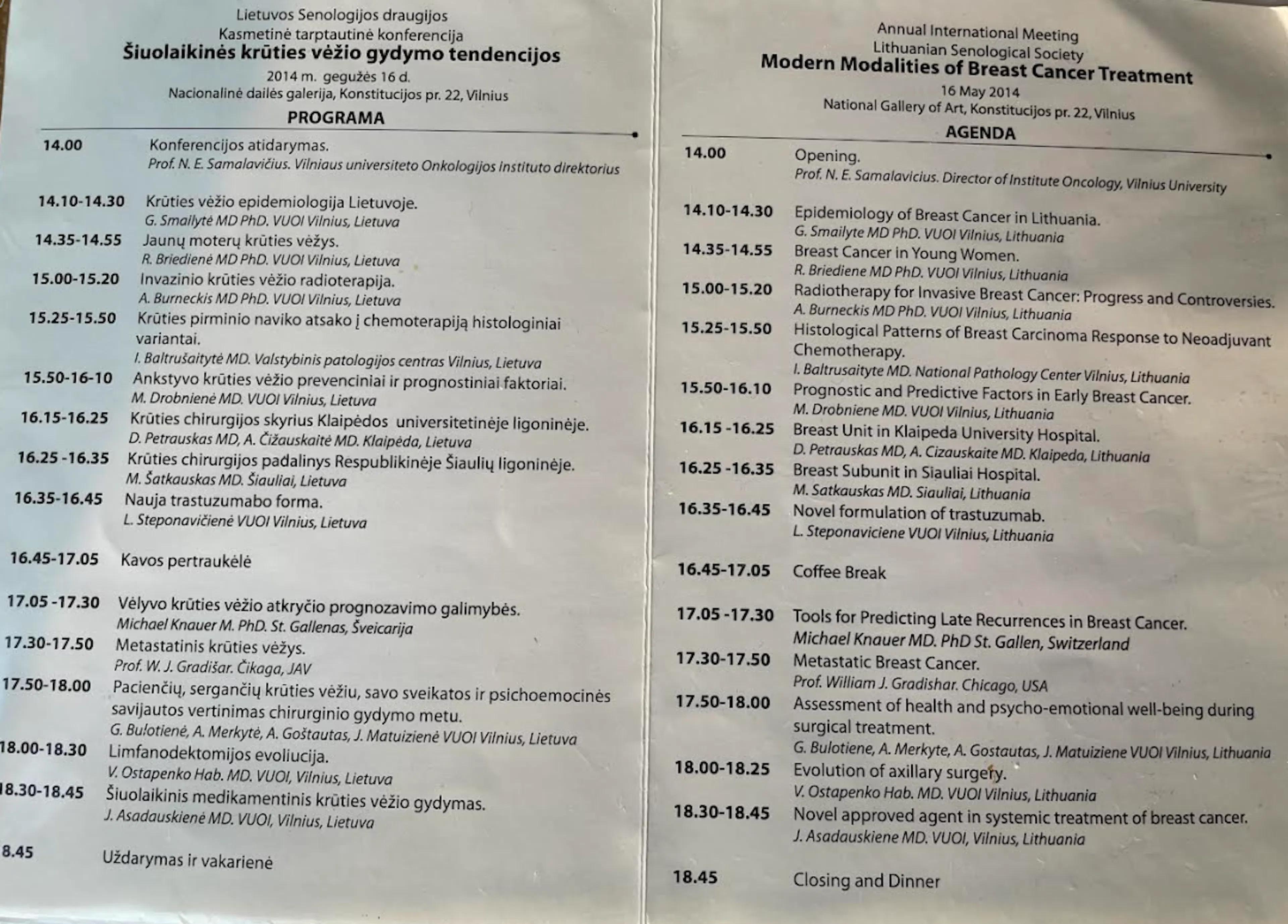 2014-05-16 Lietuvos Senologijos Draugijos (LSDr) konferencijos programa 