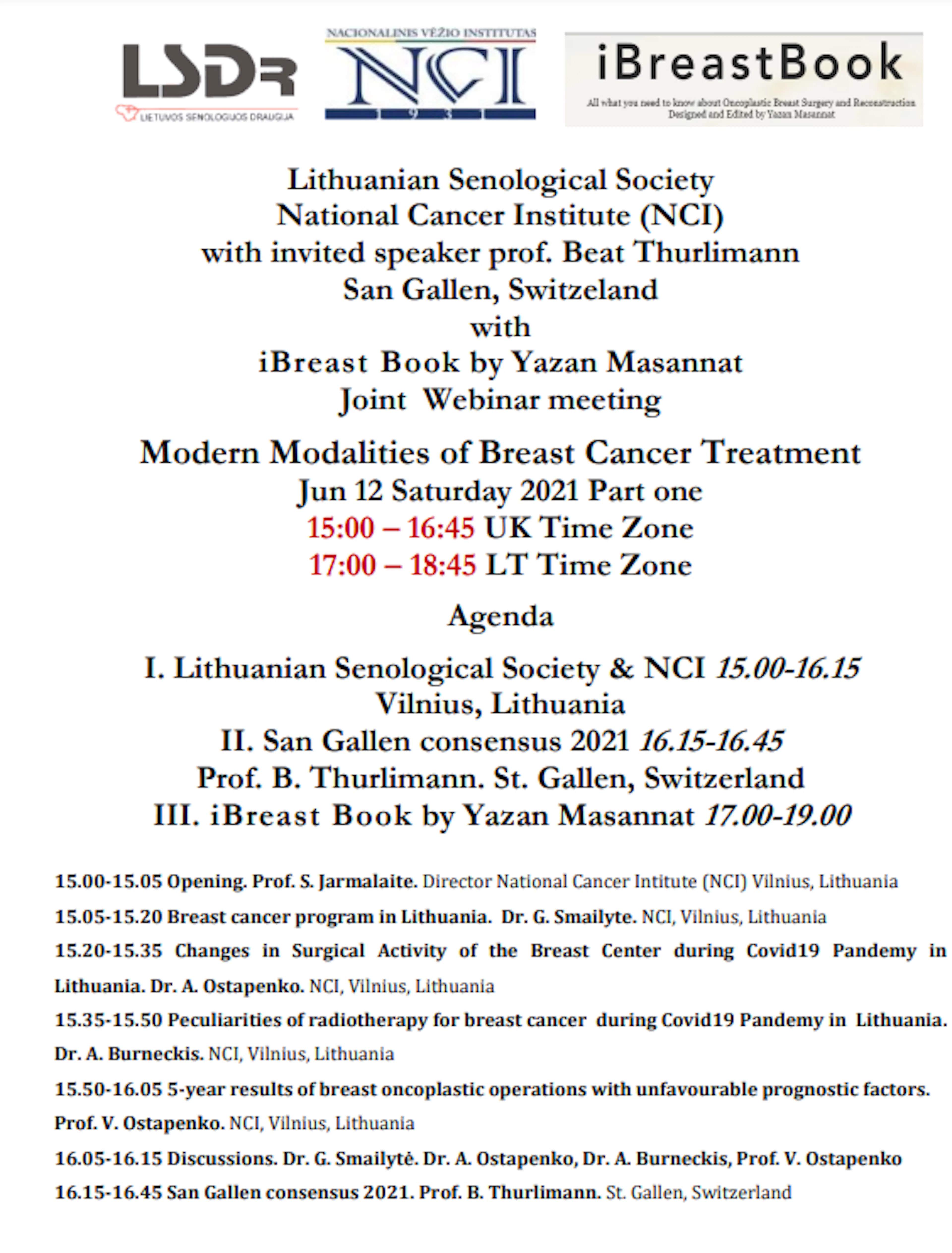 Poster for the Annual International Meeting of the Lithuanian Senological Society featuring invited speaker Prof. Beat Thurlimann from St. Gallen, Switzerland, and iBreastBook representative Yazan Masannat. The joint webinar titled “Modern Modalities of Breast Cancer Treatment” took place on June 12, 2021.