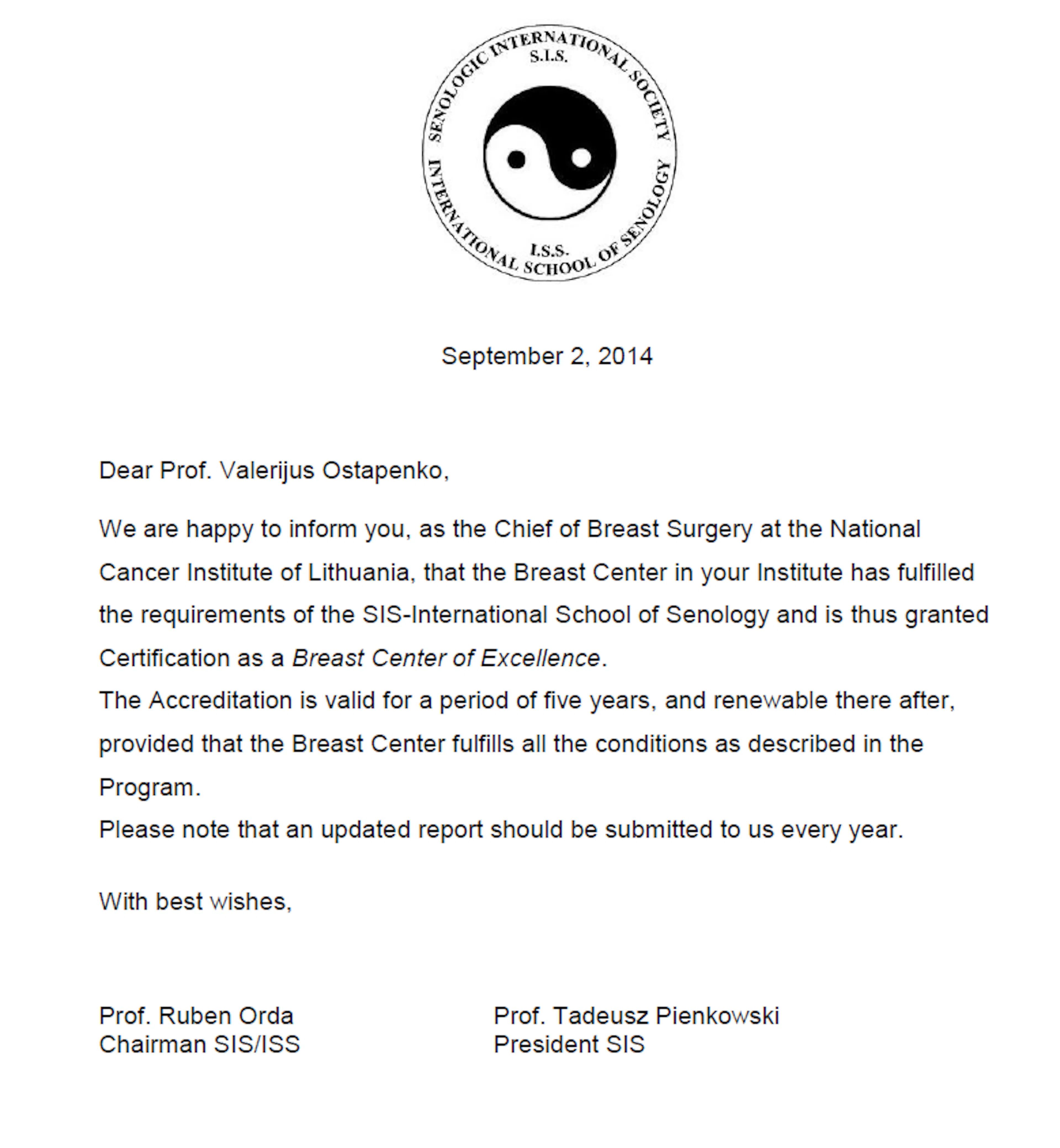 Tarptautinė aukščiausio lygio kompetencijos NVI krūties centro akreditacija