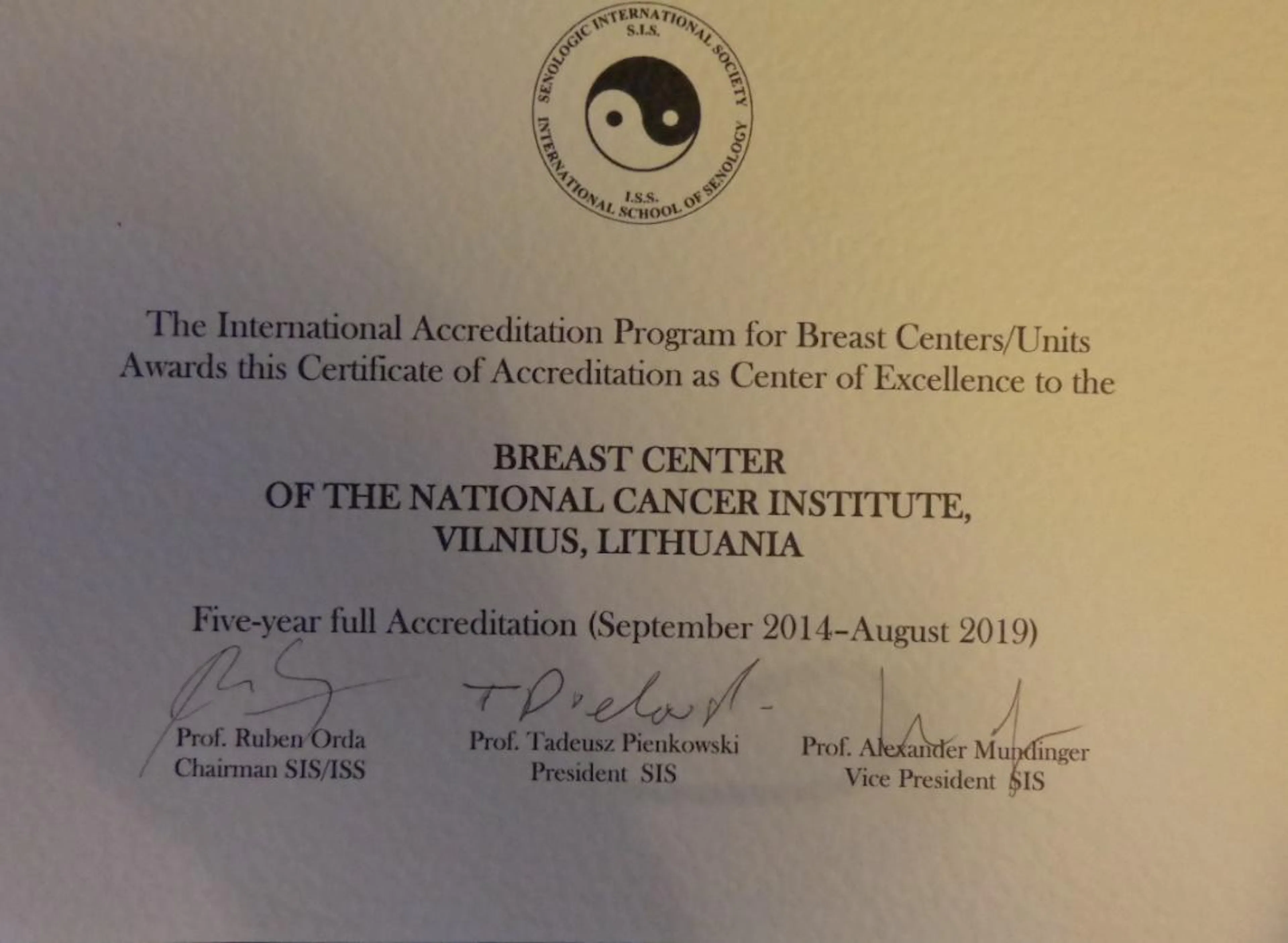 Tarptautinė aukščiausio lygio kompetencijos NVI krūties centro akreditacija