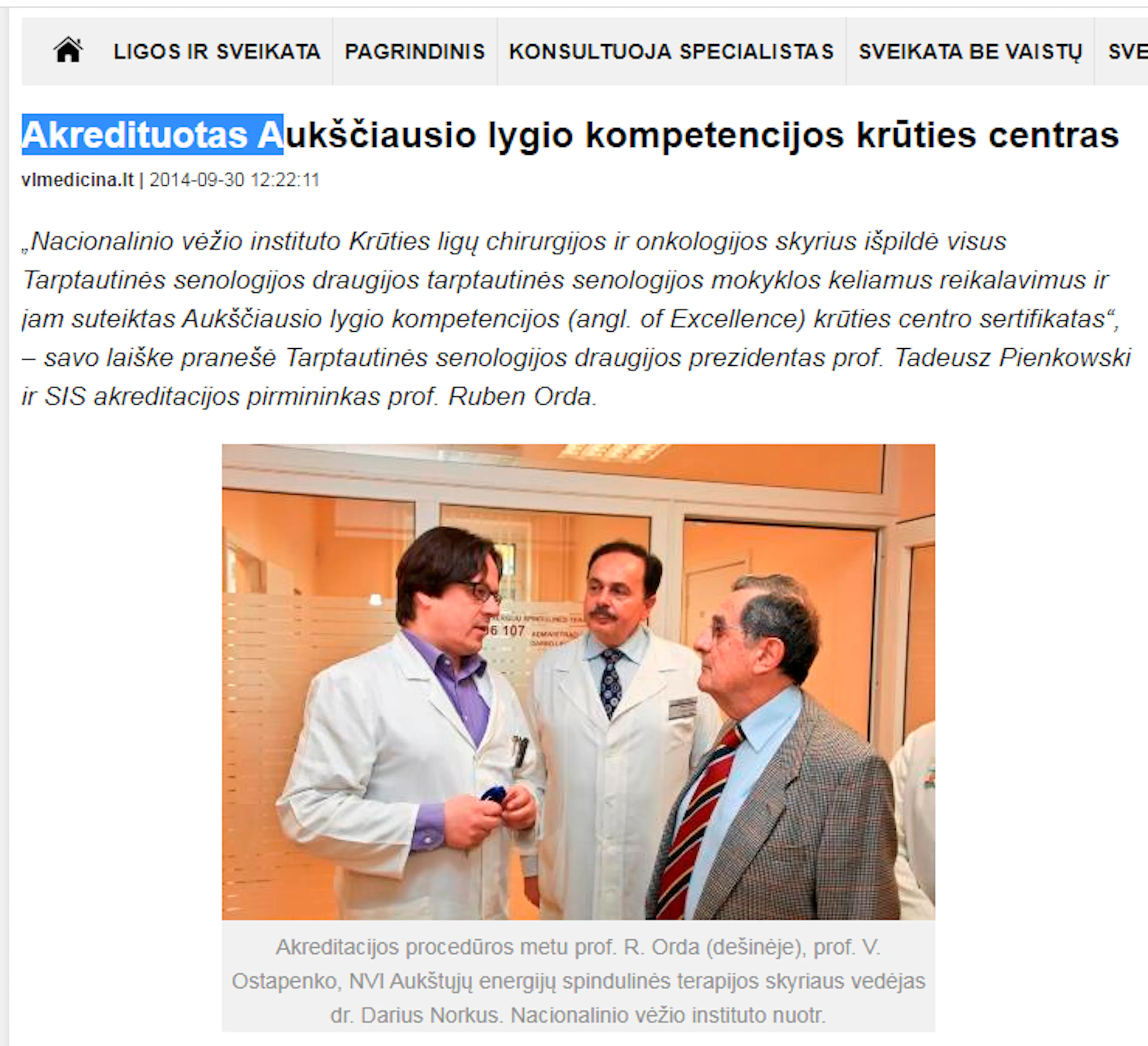 Tarptautinė aukščiausio lygio kompetencijos NVI krūties centro akreditacija