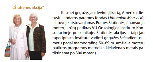 Pranė Šluotienė su kolege akcijos „Šluotienės akcija“ metu, kurios metu fondas „Lithuanian Mercy Lift“ remia moterų krūtų patikras VU Onkologijos institute.