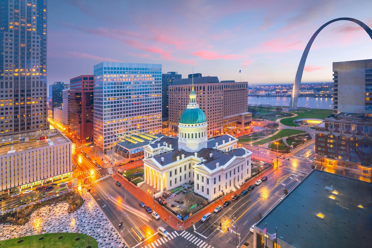 The St Louis skyline from above representing the Roundup trial underway in Monsanto's hometown alleging Roundup causes cancer.