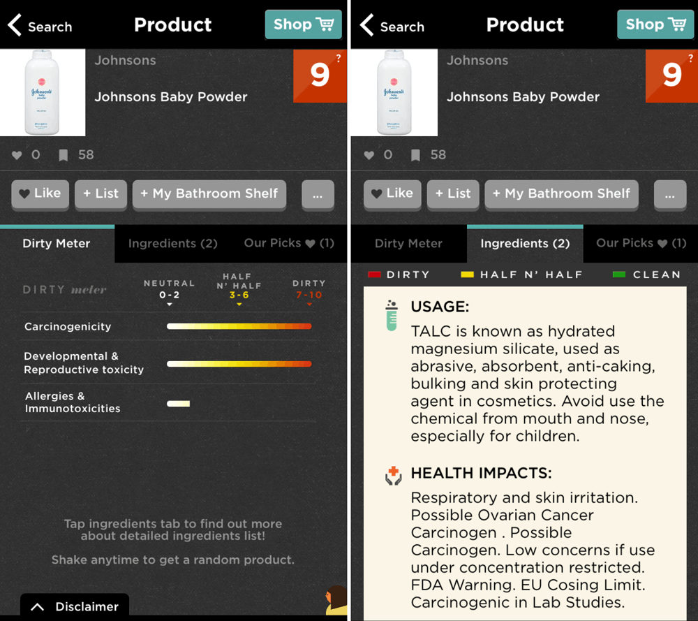 Screenshots of Johnson's Baby Powder on the Think Dirty app.