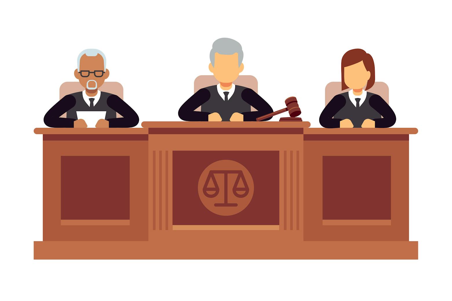 Illustration of judges in court representing Roundup attorneys possibly facing malpractice.